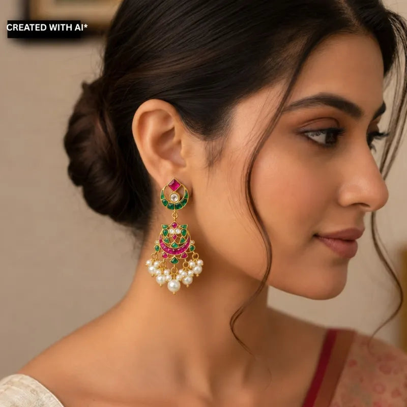 Padma Polki Chandbali Earrings - Pearl