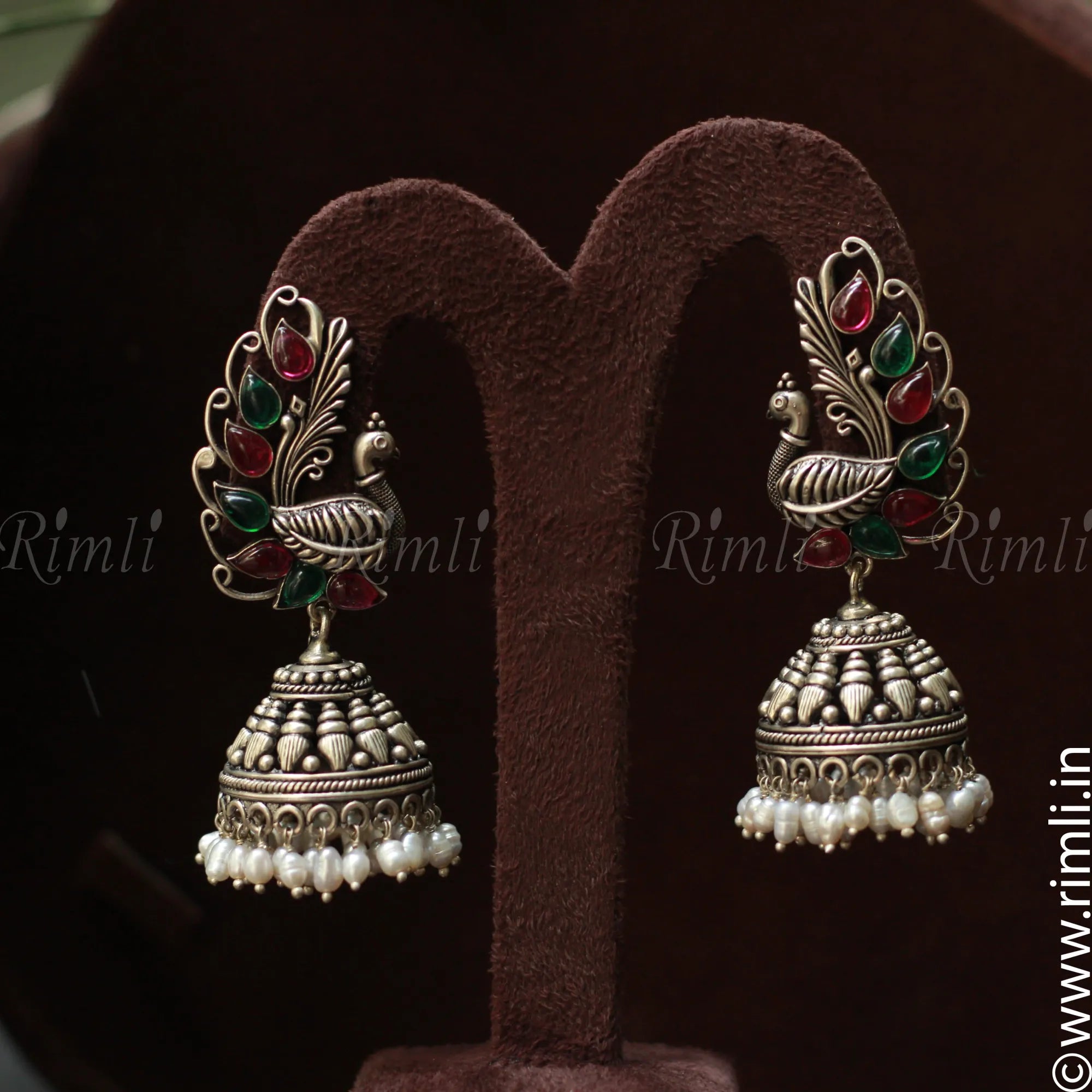 Red & Green Peacock Silver Jhumka - Rimli Boutique