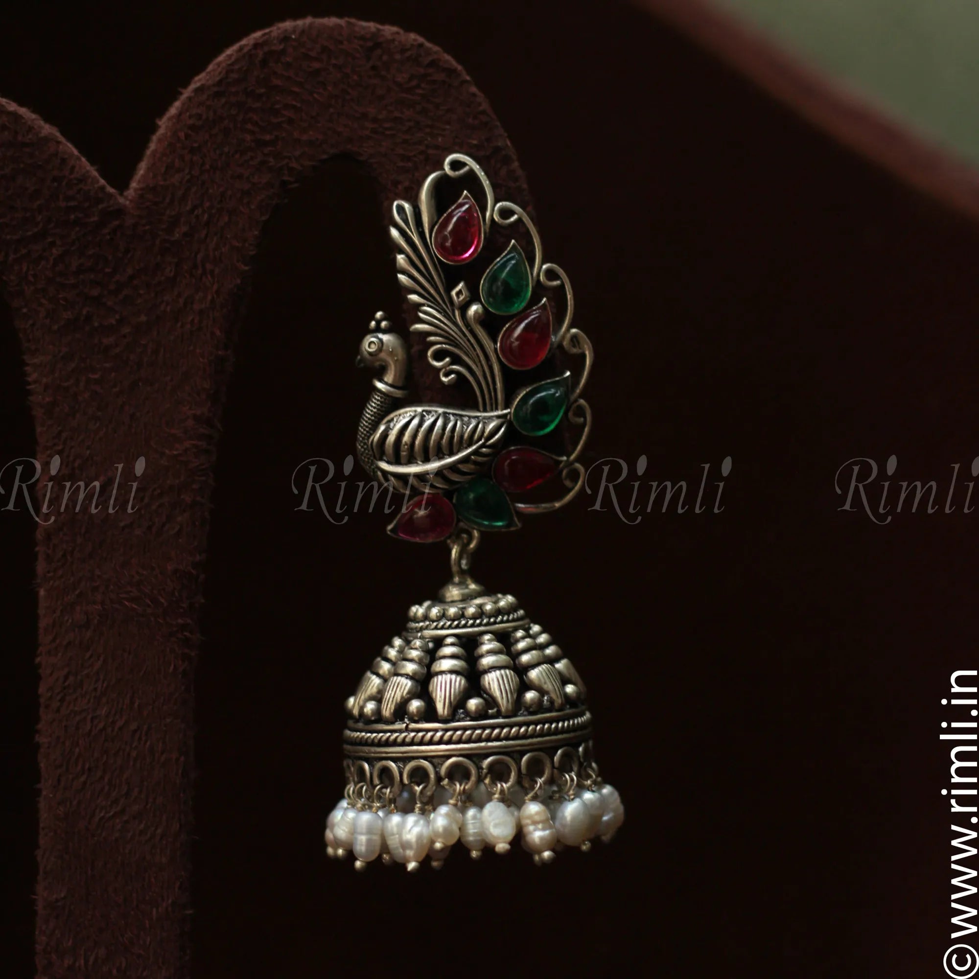Red & Green Peacock Silver Jhumka - Rimli Boutique