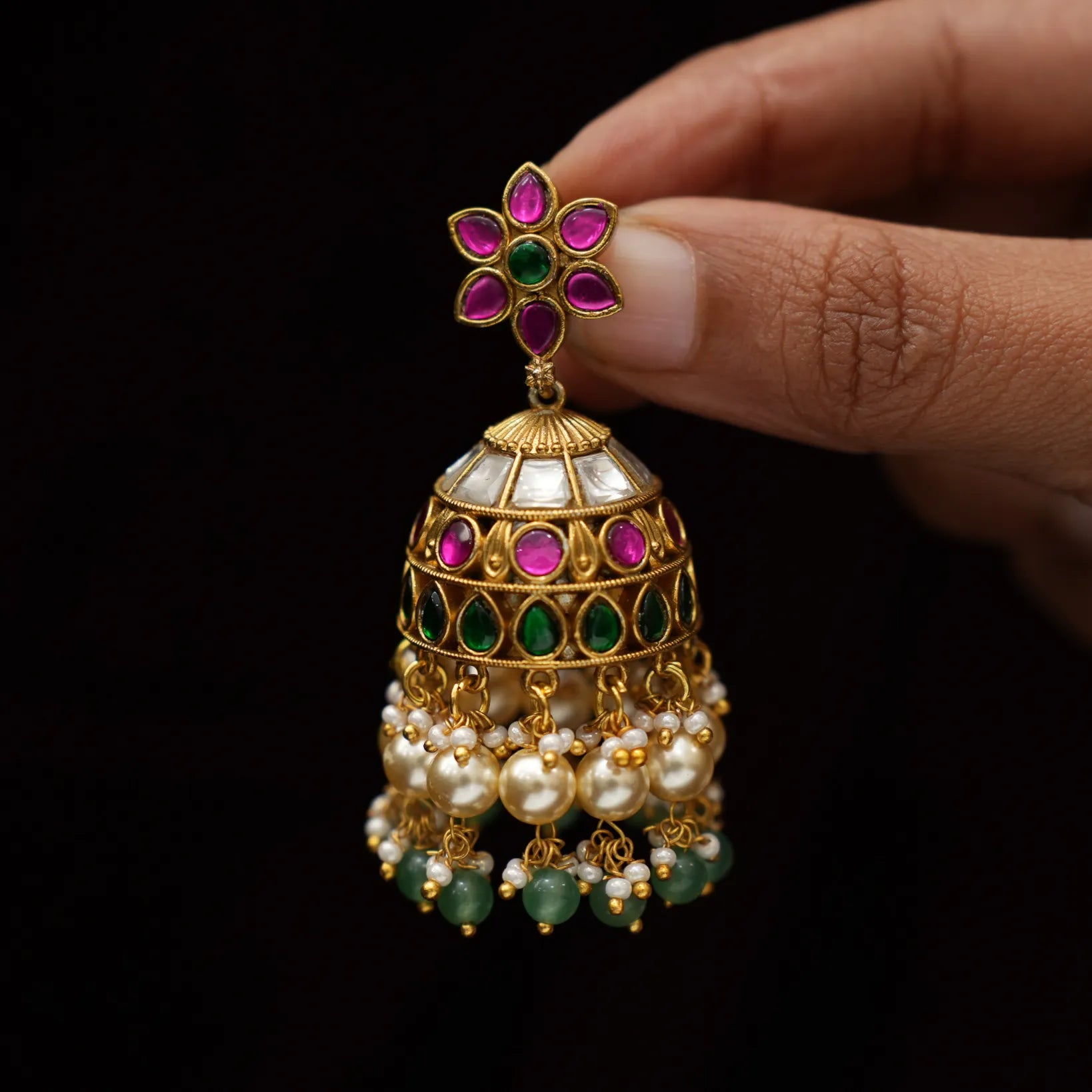 Pranika Polki Jhumka Earrings - Red & Green