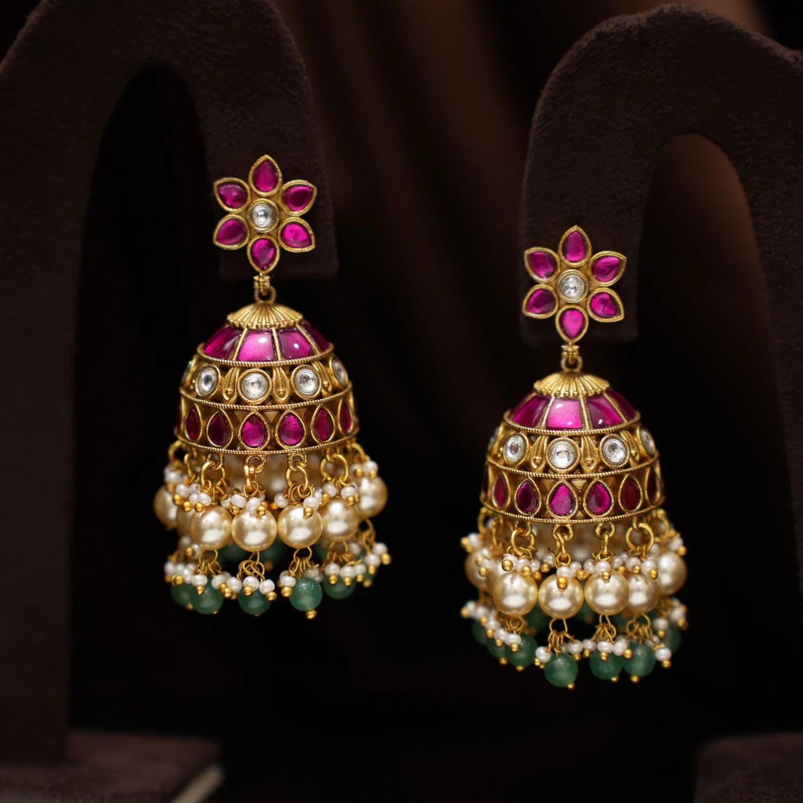 Pranika Polki Jhumka Earrings - Reddish Pink