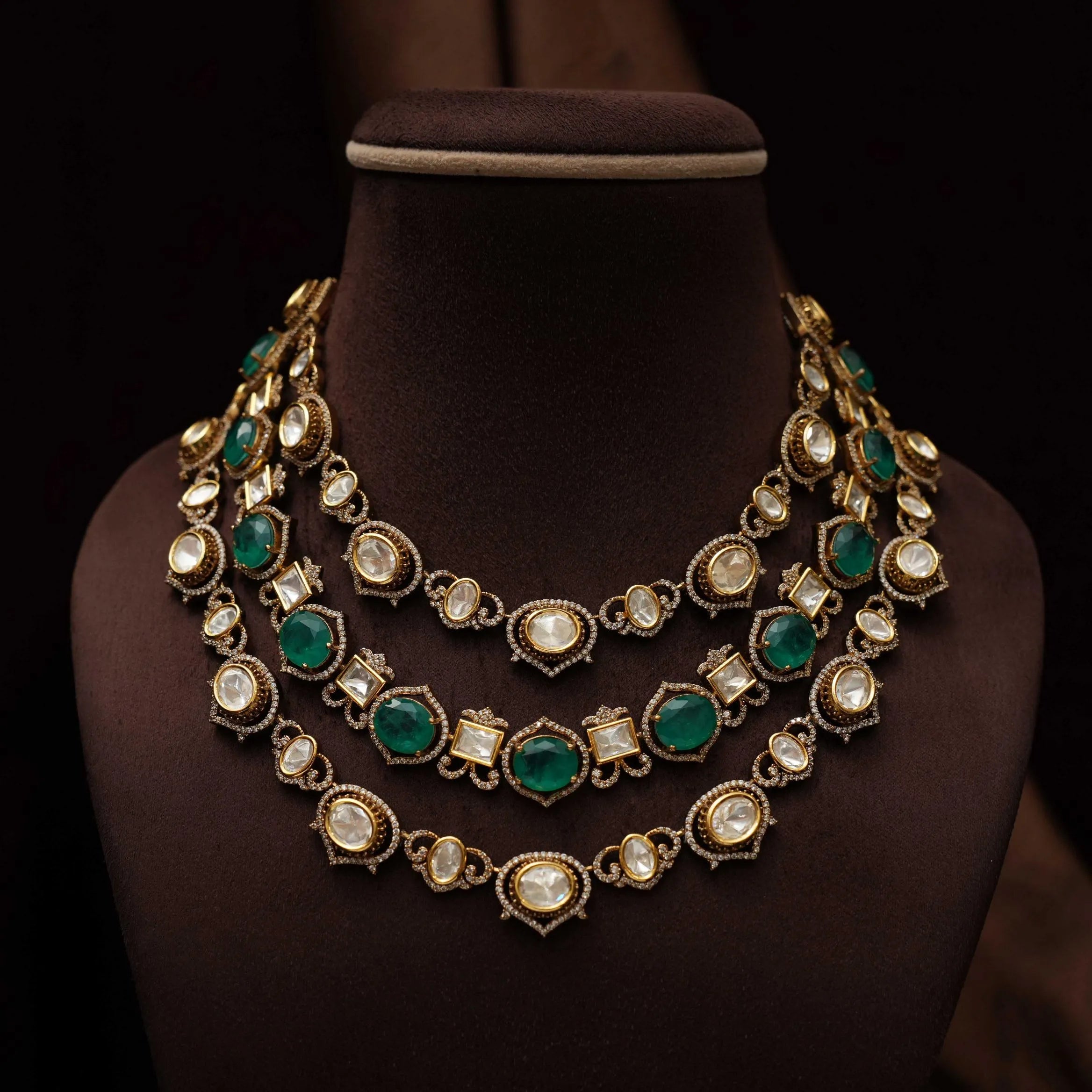 Pratim Layered Victorian Kundan Necklace - Emerald Green