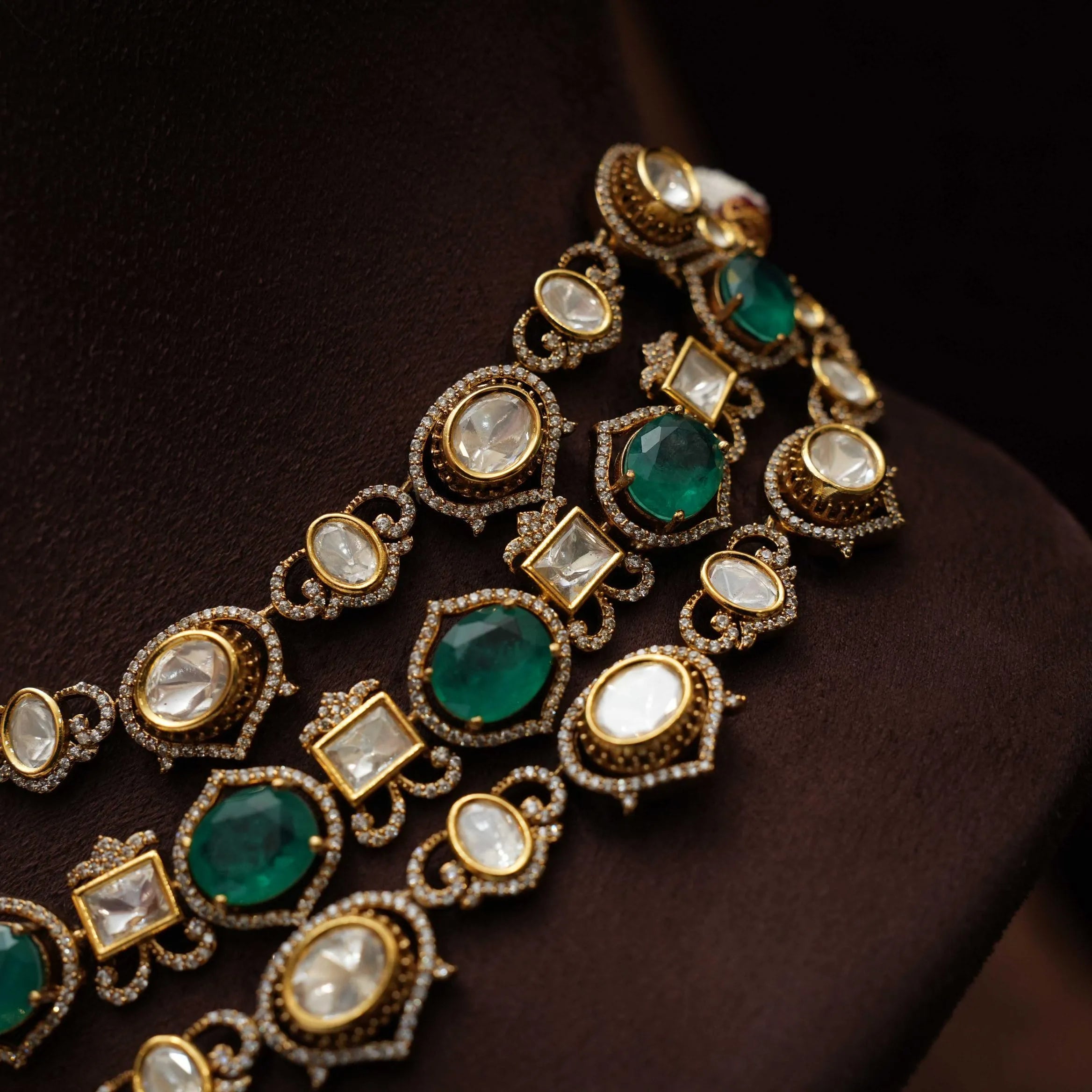 Pratim Layered Victorian Kundan Necklace - Emerald Green