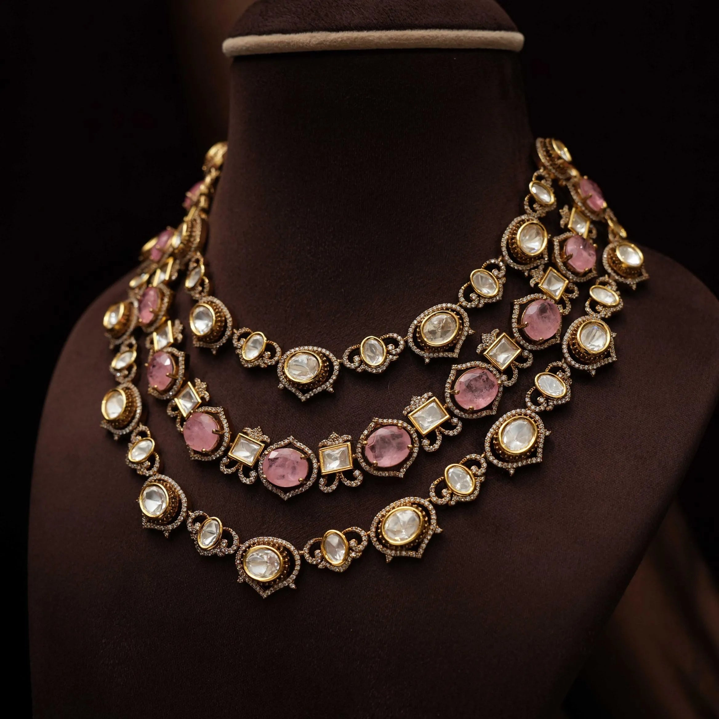 Pratim Layered Victorian Kundan Necklace - Pink