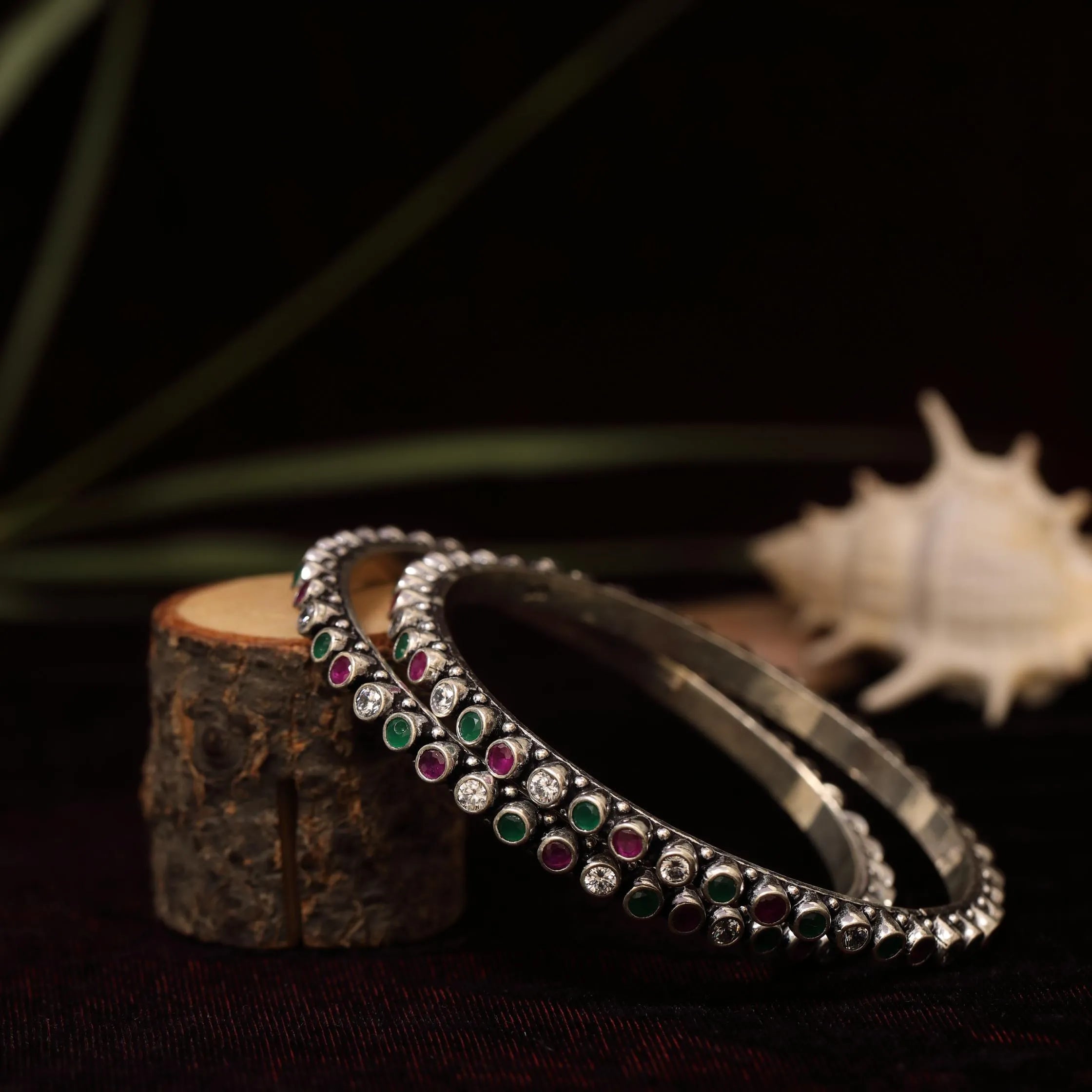 Prisa Silver Oxidised Bangles - Red & Green