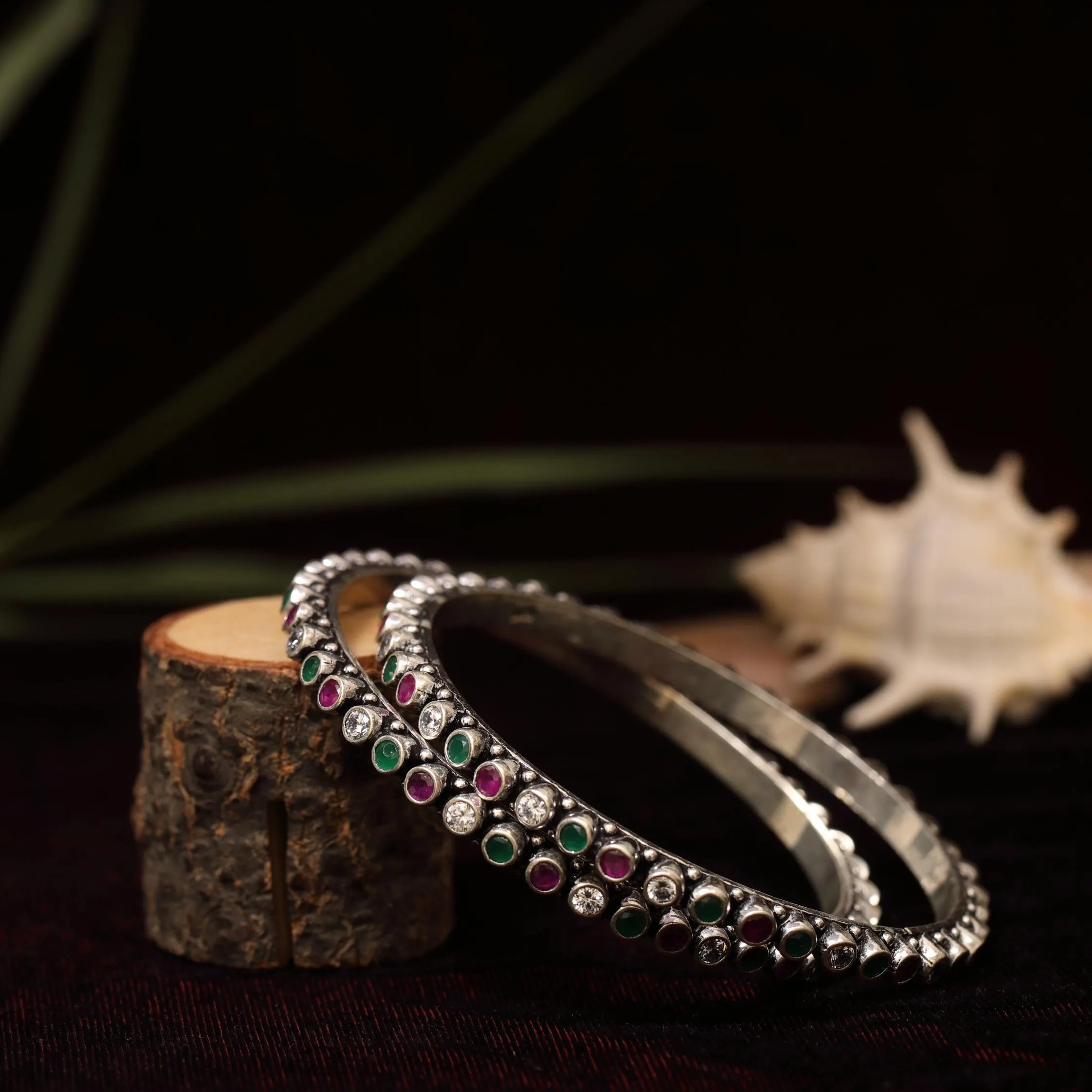 Prisa Silver Oxidised Bangles - Red & Green