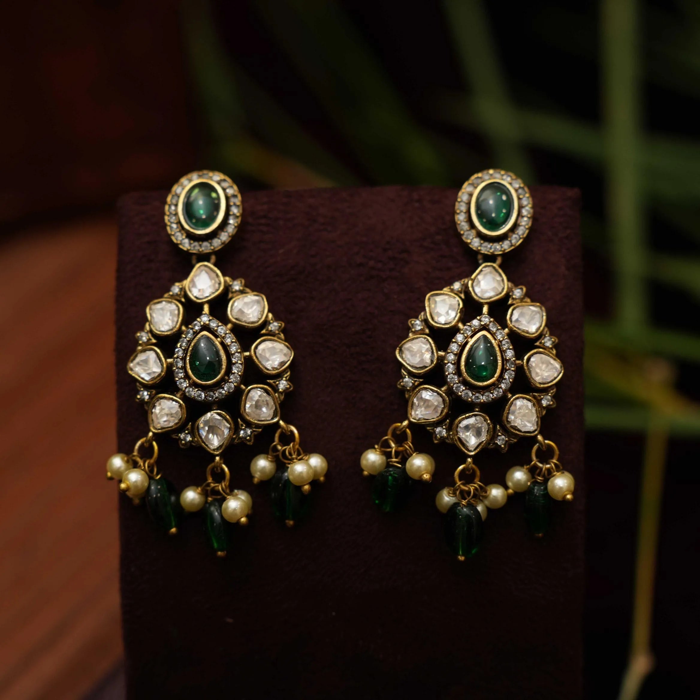 Prisa Victorian Polki Earrings - Dark Green - Rimli Boutique