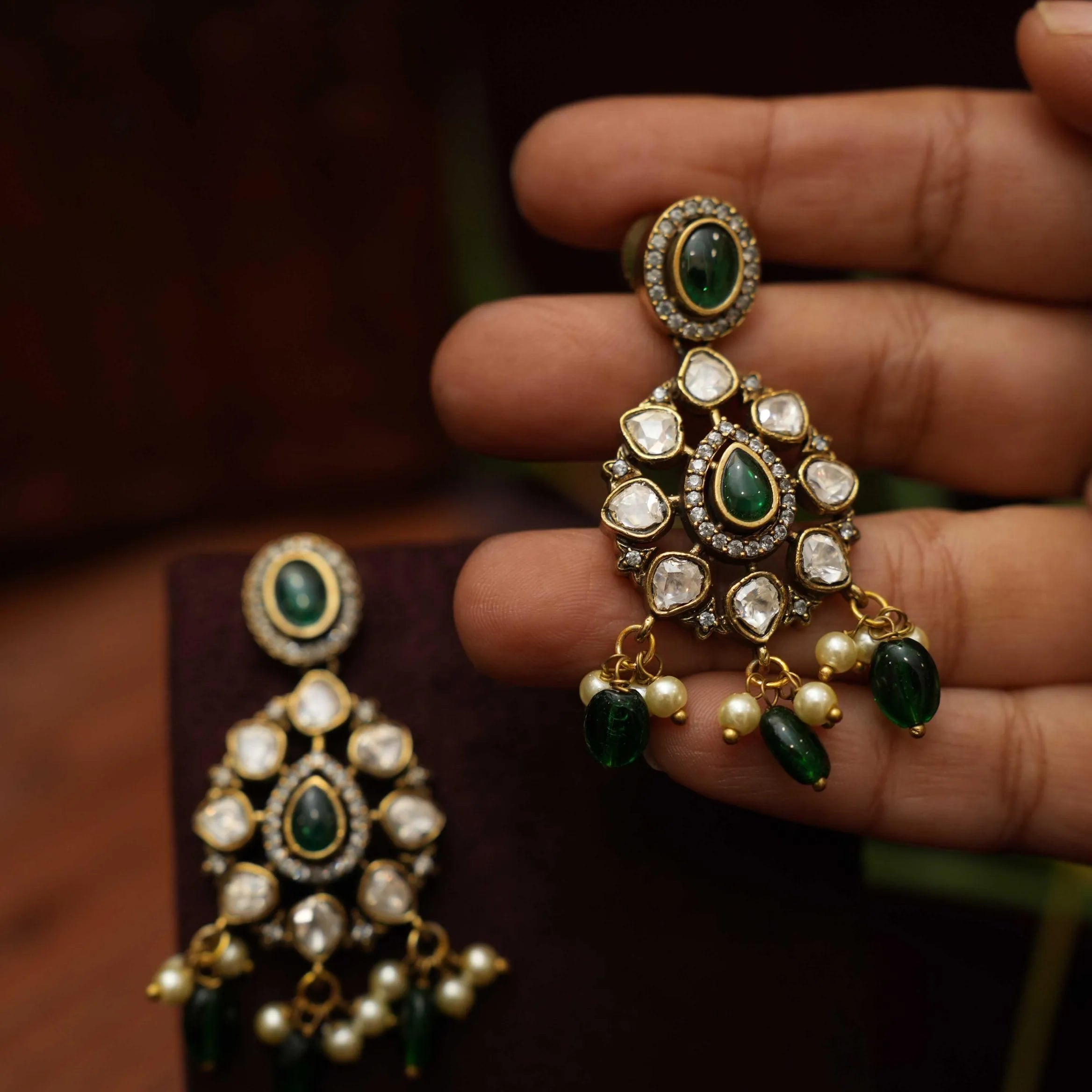 Prisa Victorian Polki Earrings - Dark Green - Rimli Boutique