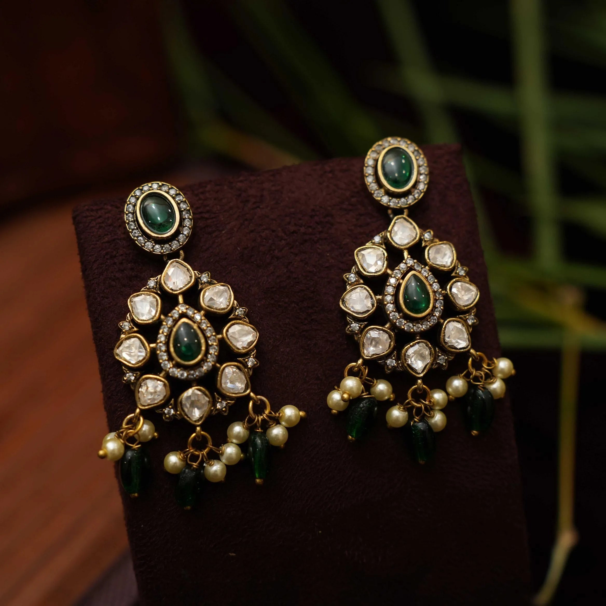 Prisa Victorian Polki Earrings - Dark Green - Rimli Boutique
