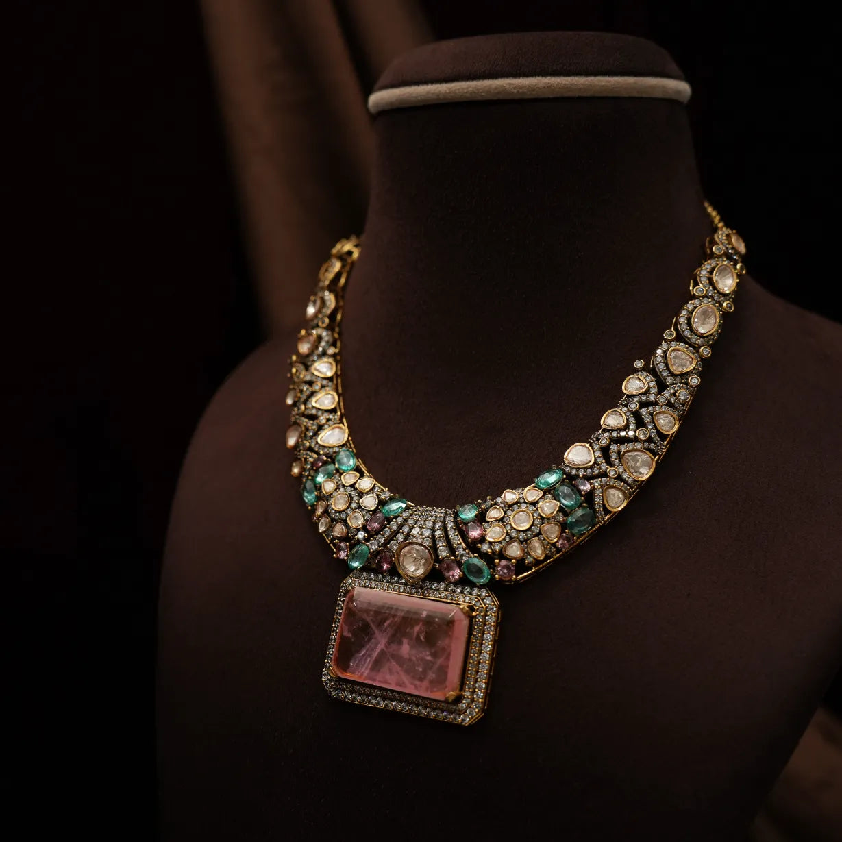 Prisha Victorian Polki Necklace - Pastel Pink