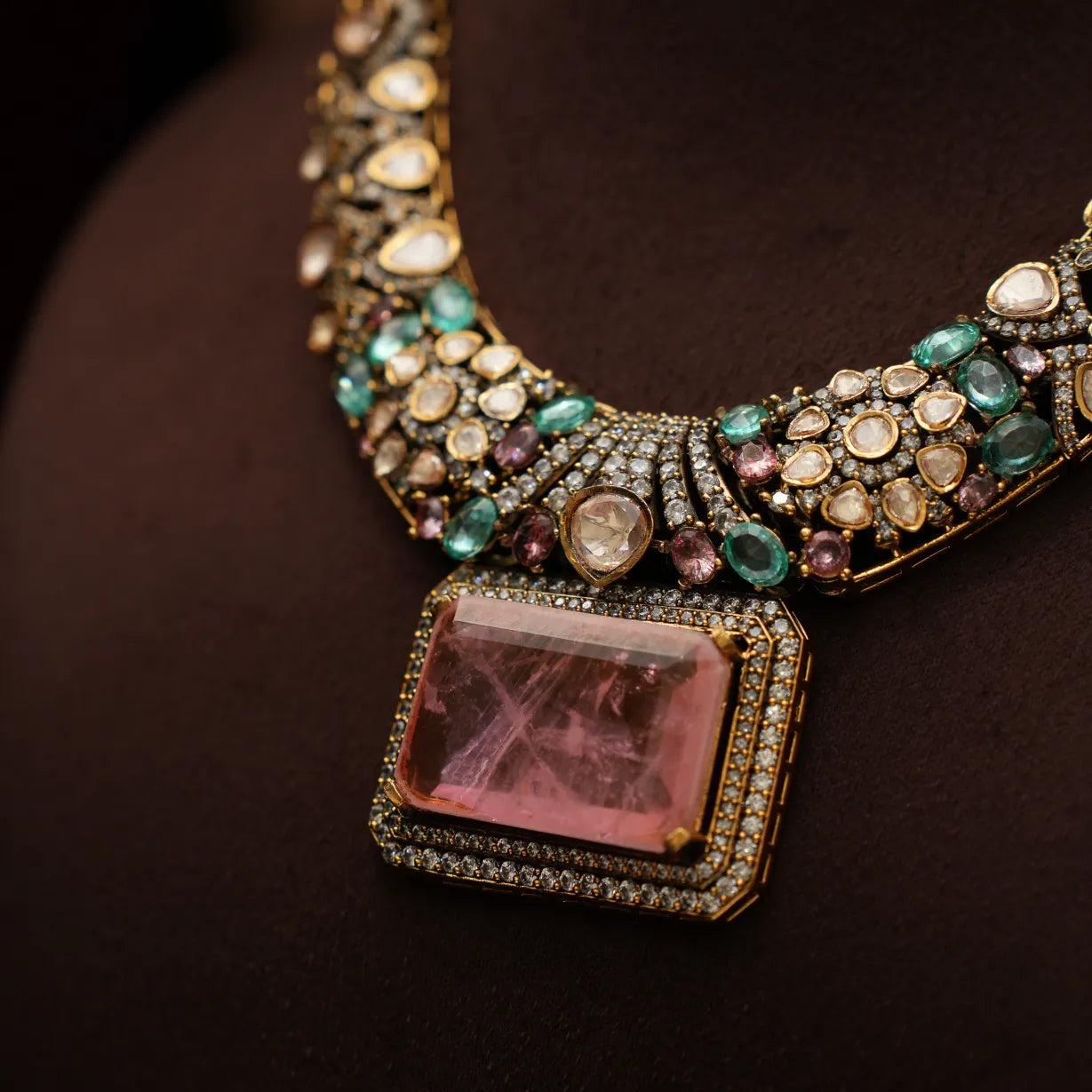 Prisha Victorian Polki Necklace - Pastel Pink