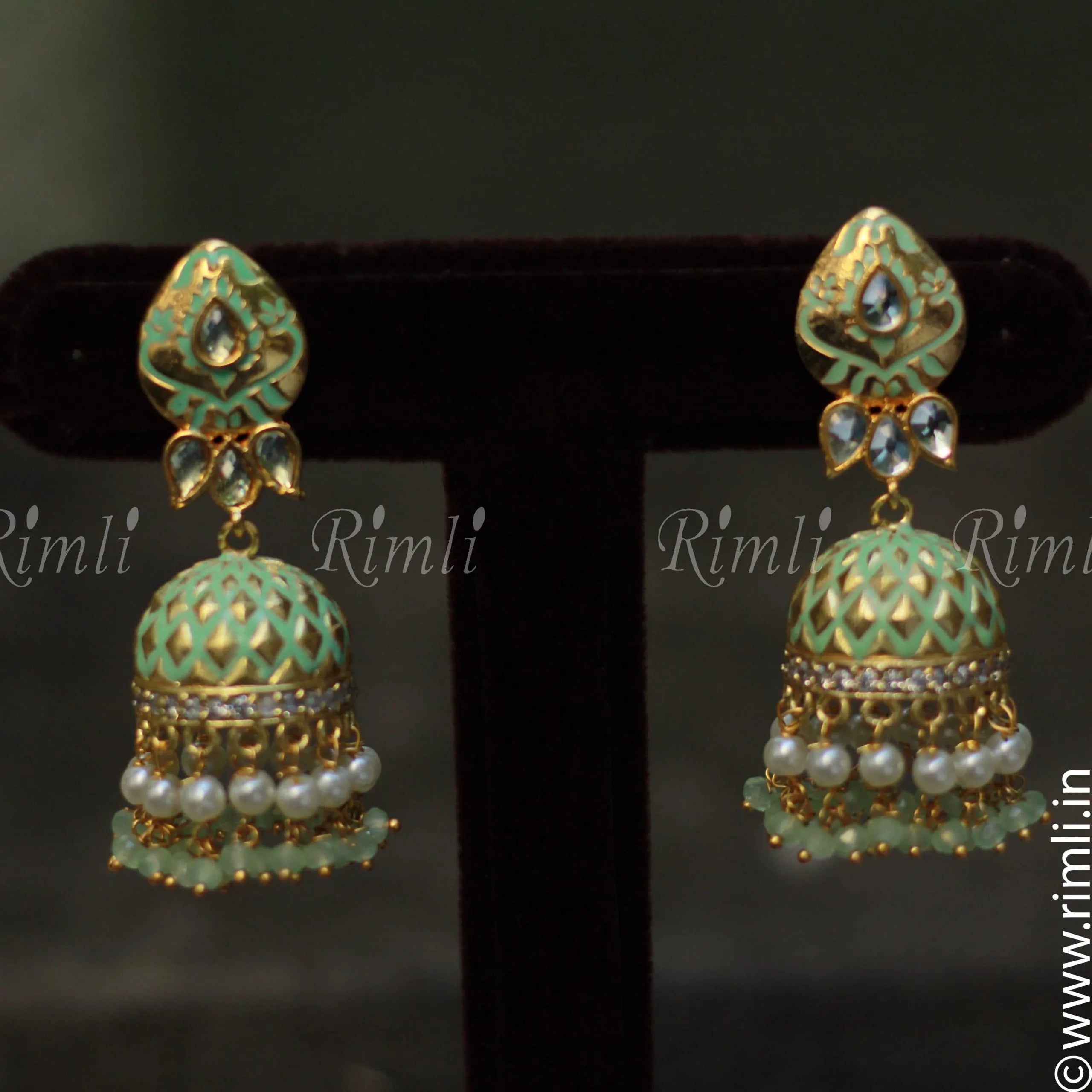 Pale Green Meenakari Jhumka - Rimli Boutique