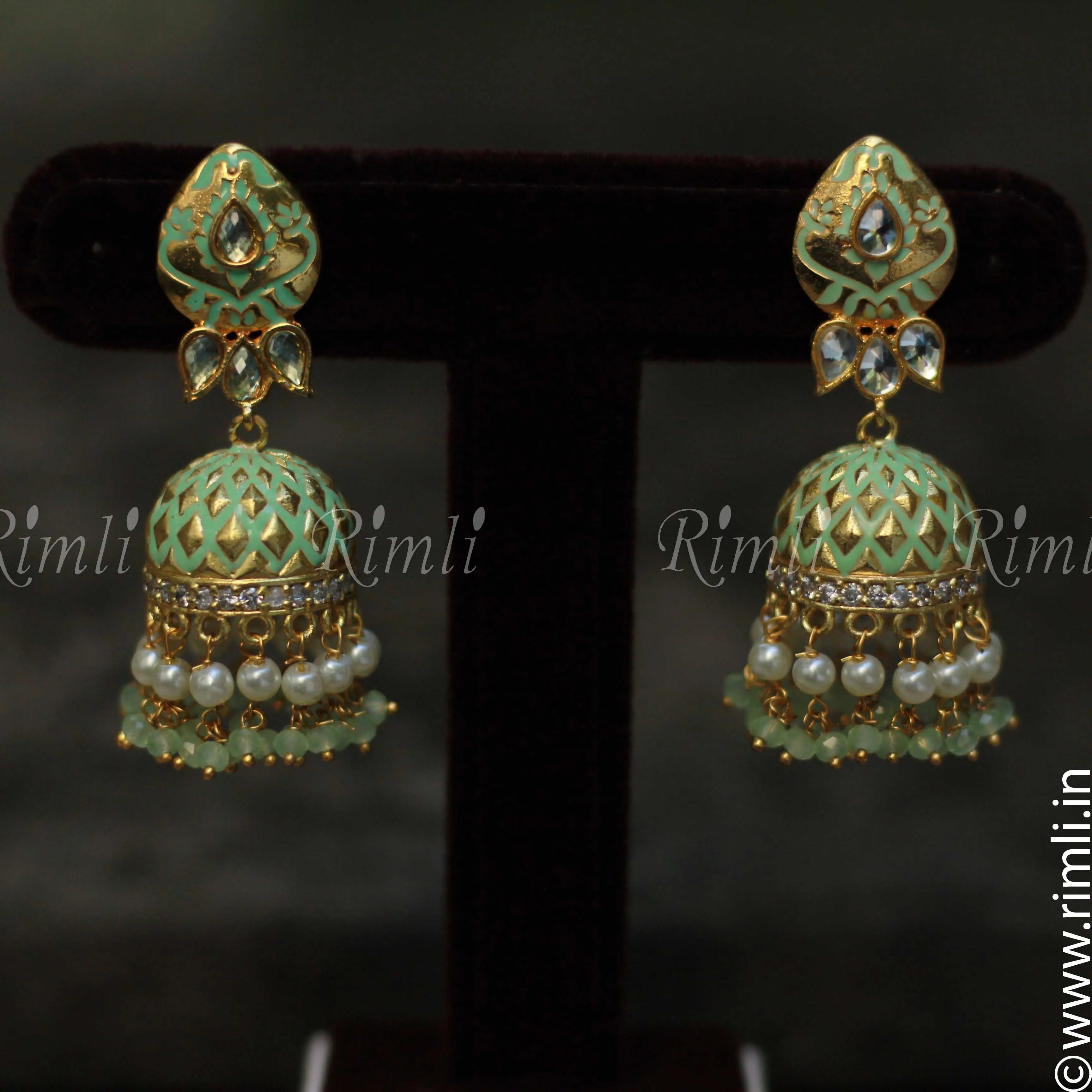 Pale Green Meenakari Jhumka - Rimli Boutique