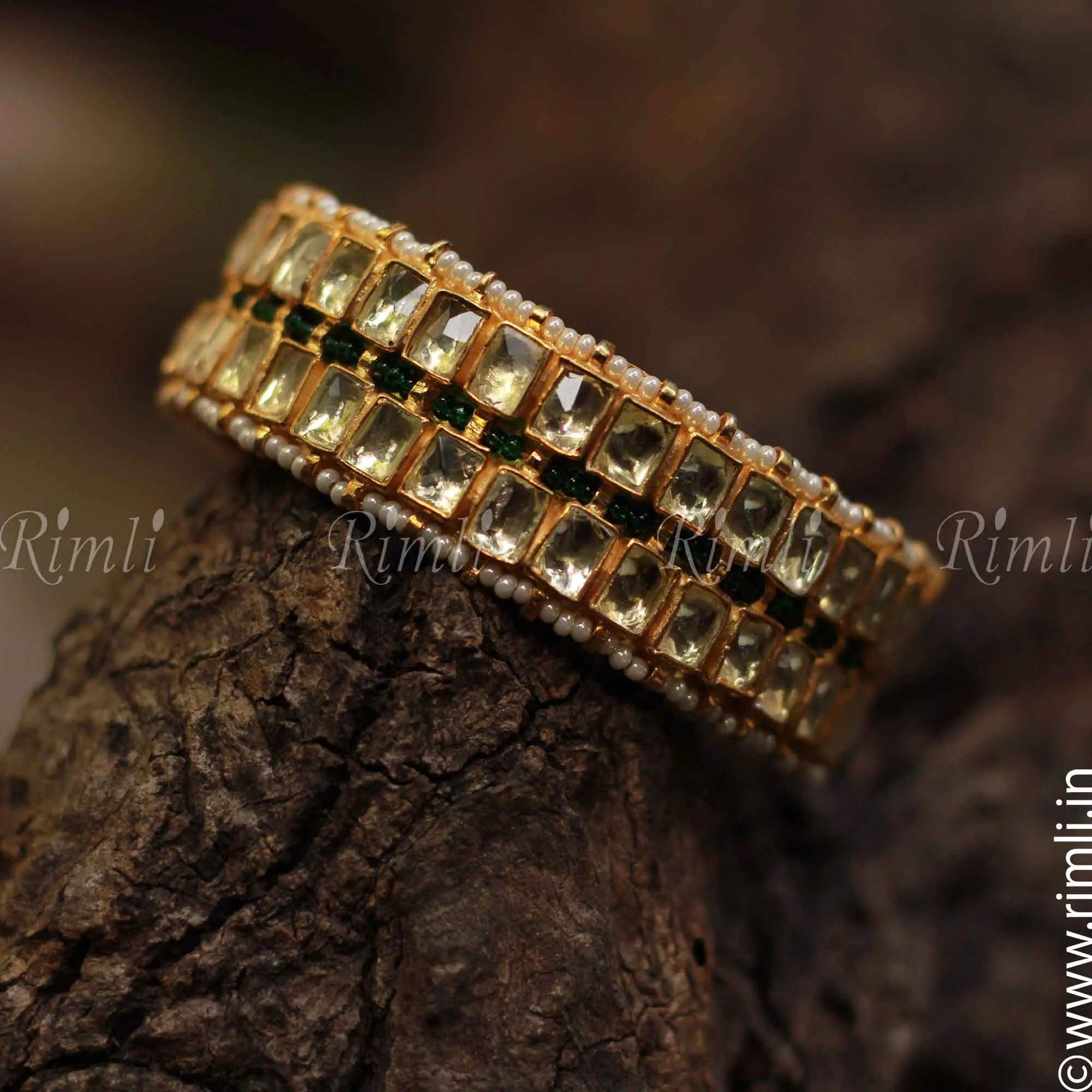 Classic Polki Bangle with Green Beads - Rimli Boutique