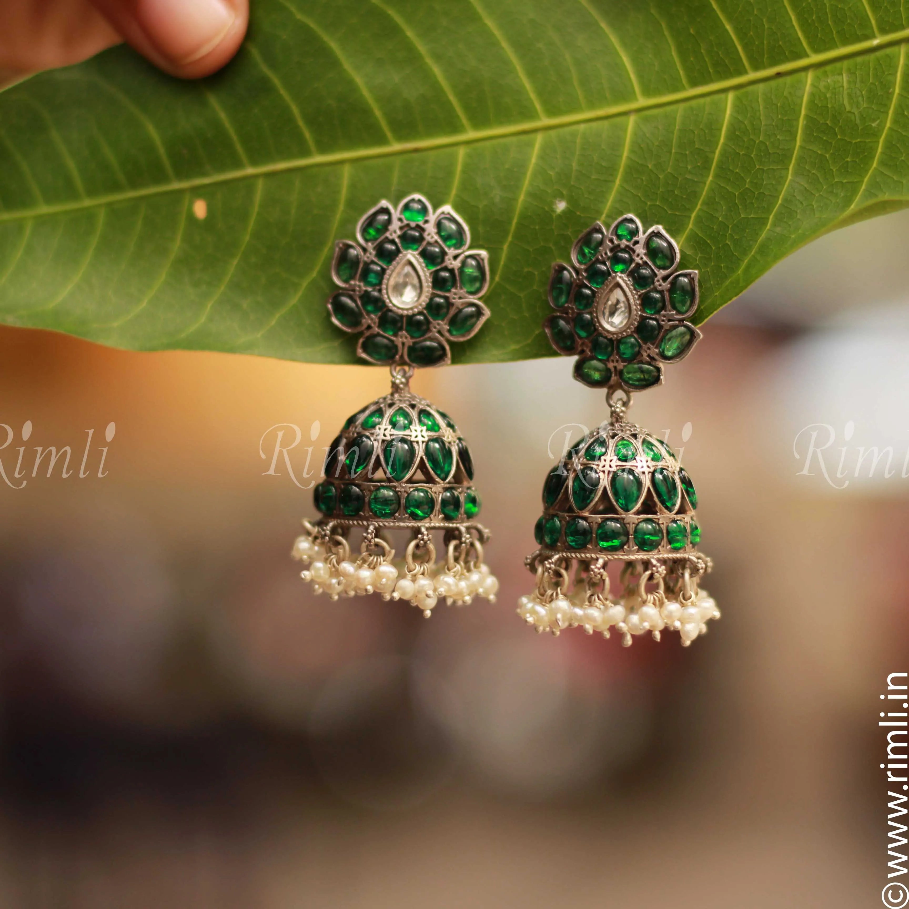 Green Floral Silver Jhumka - Rimli Boutique