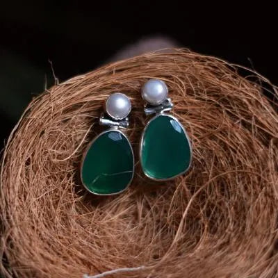 Rushmitha 925 Oxidized Silver Earrings - Green - Rimli Boutique