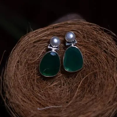 Rushmitha 925 Oxidized Silver Earrings - Green - Rimli Boutique