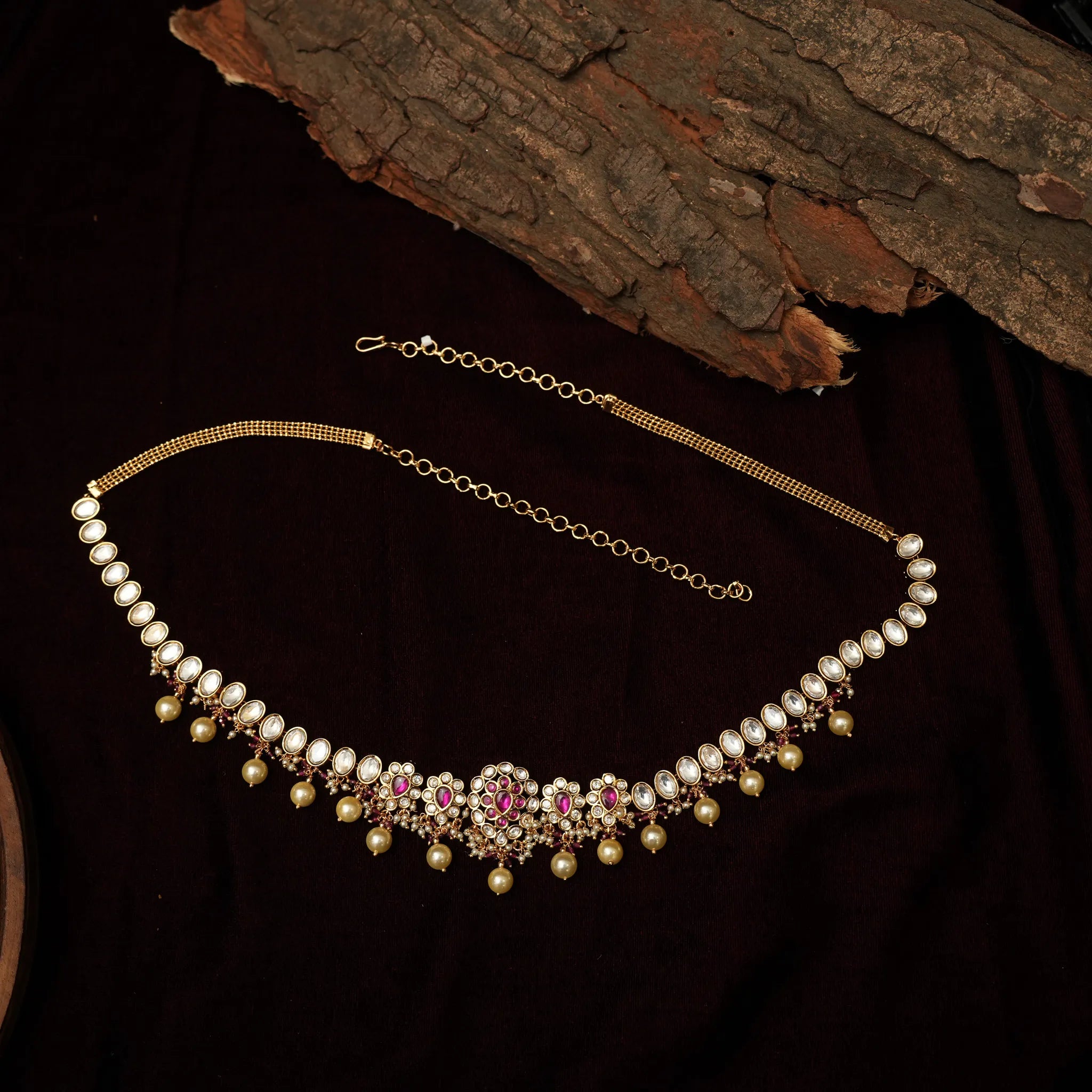 Rabhya Kundan Hip Belt - Reddish Pink