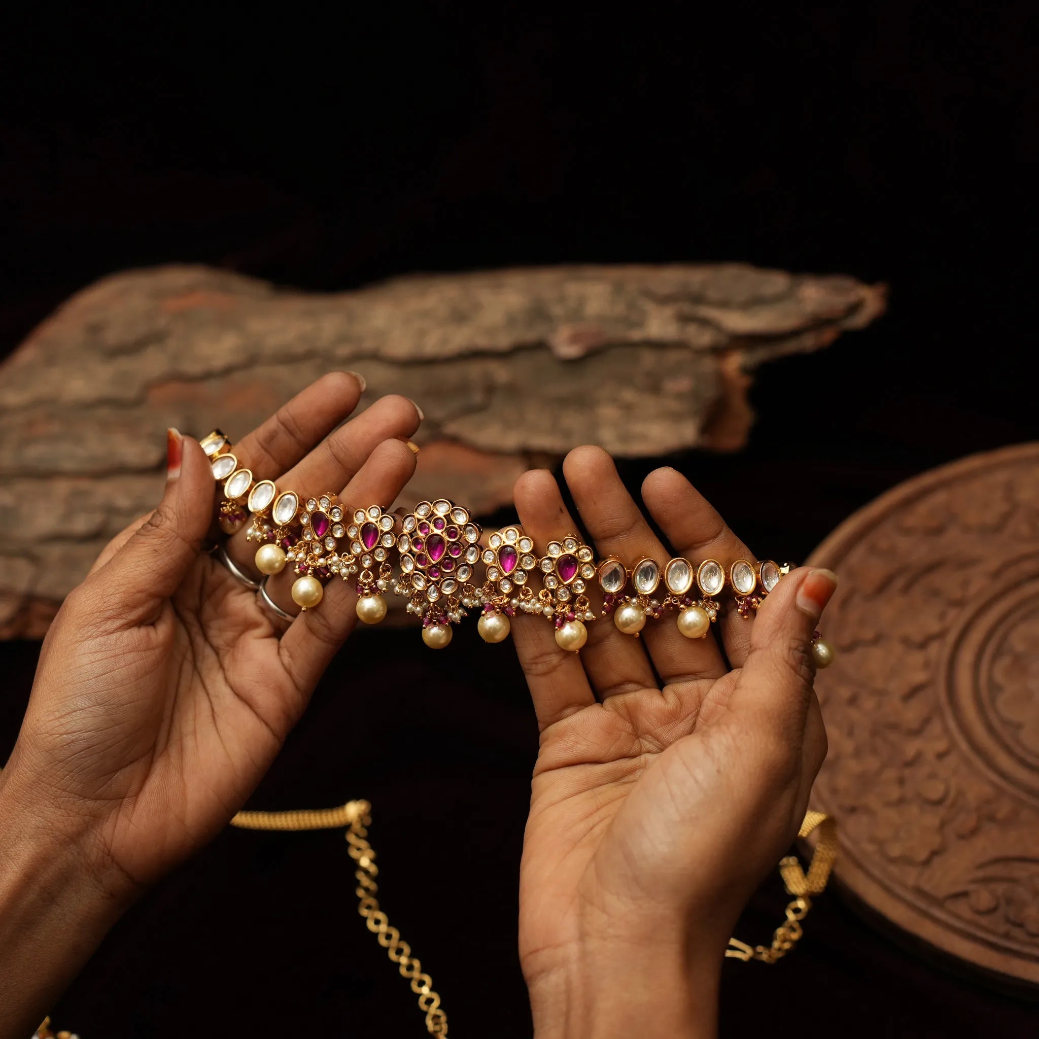 Rabhya Kundan Hip Belt - Reddish Pink