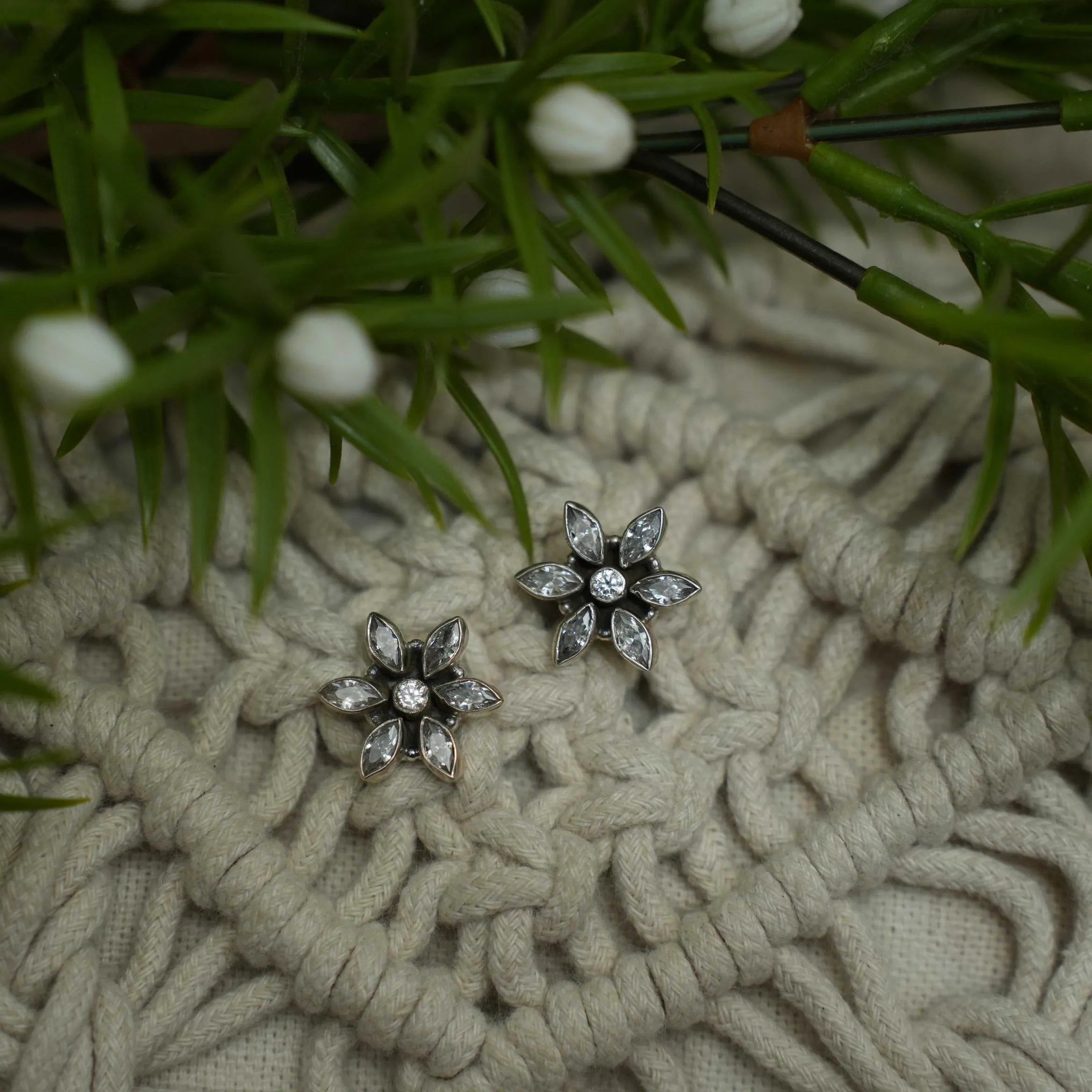 Radhi 925 Oxidized Silver Earrings - White