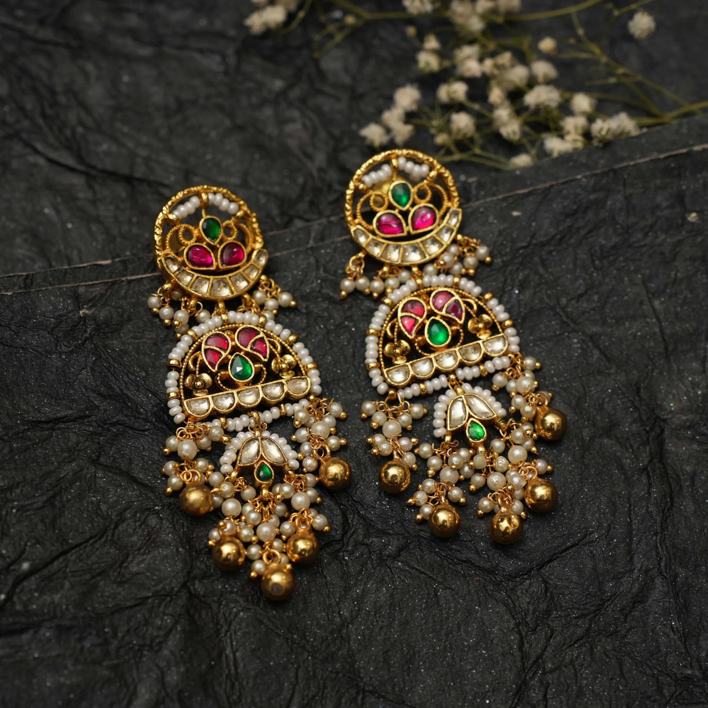 Reeva Polki Designer Earrings - Reddish Pink