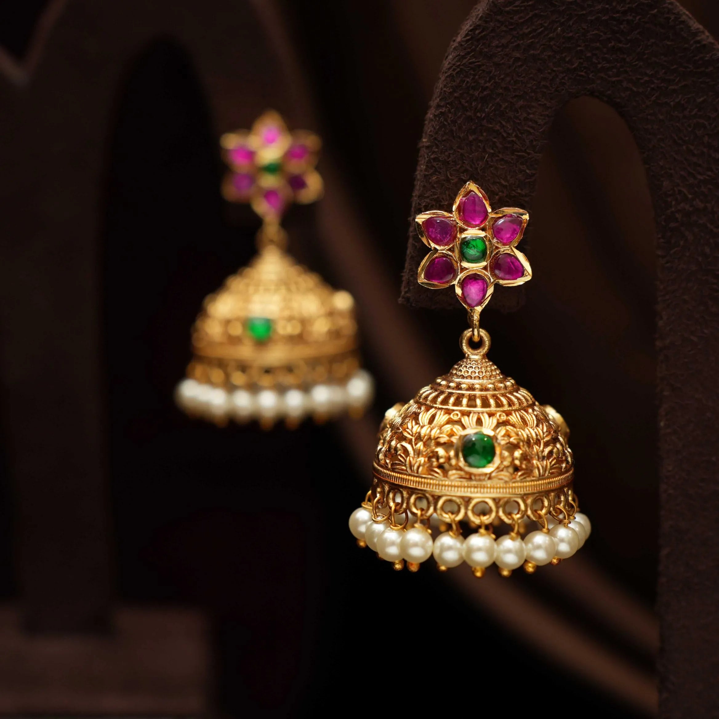 Reeyanshi Antique Jhumka Earrings - Red