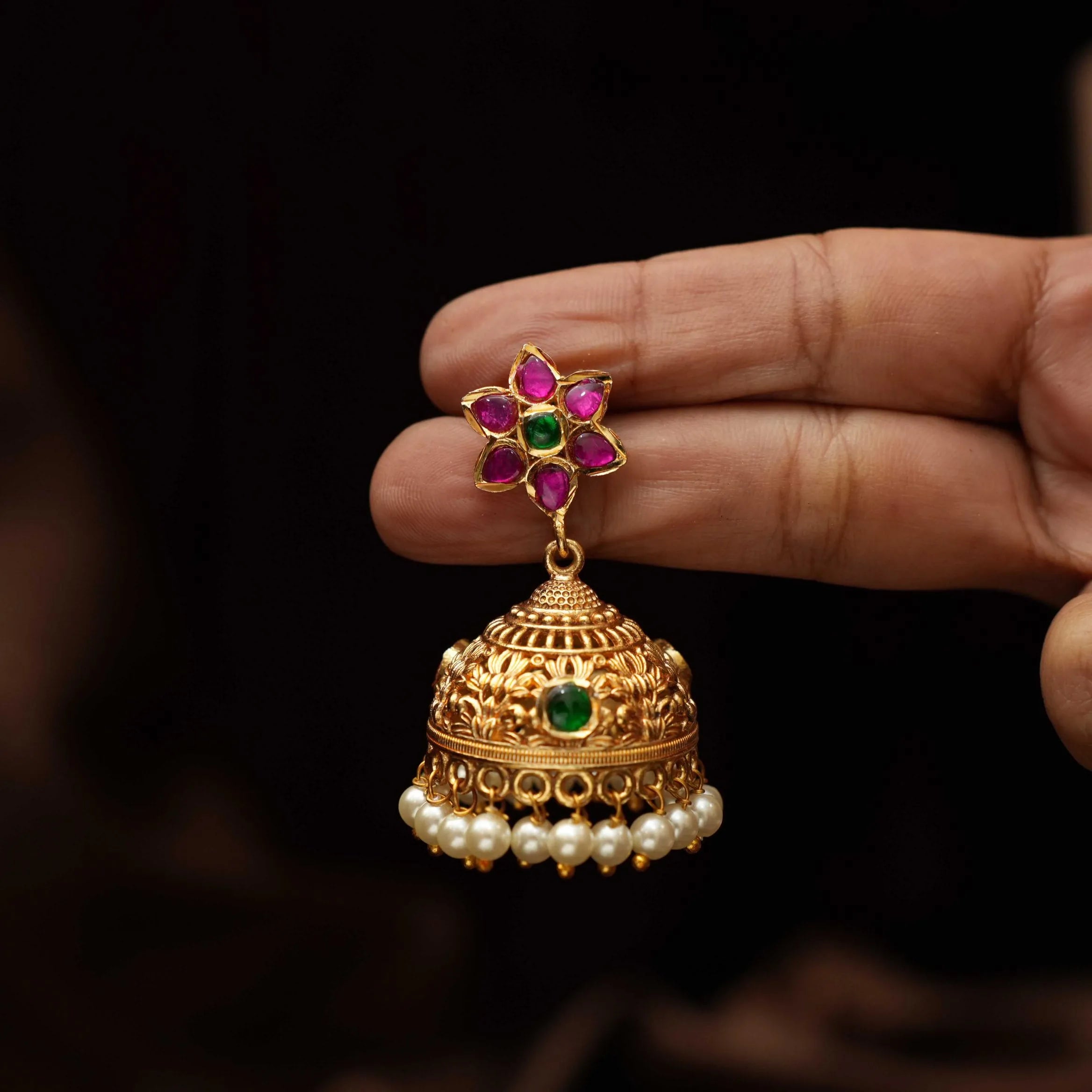 Reeyanshi Antique Jhumka Earrings - Red