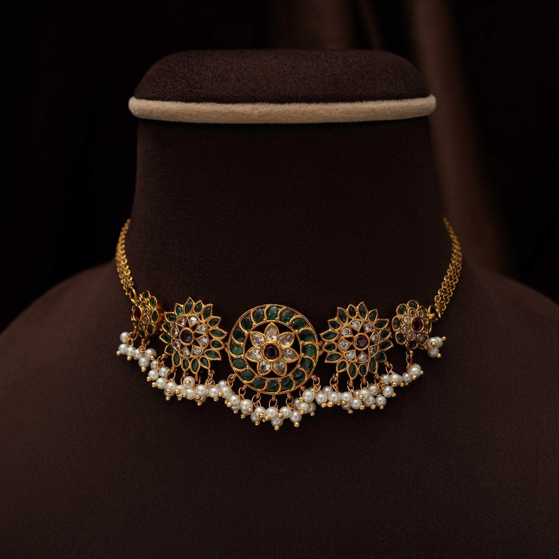 Revati Antique Choker - Green & Red