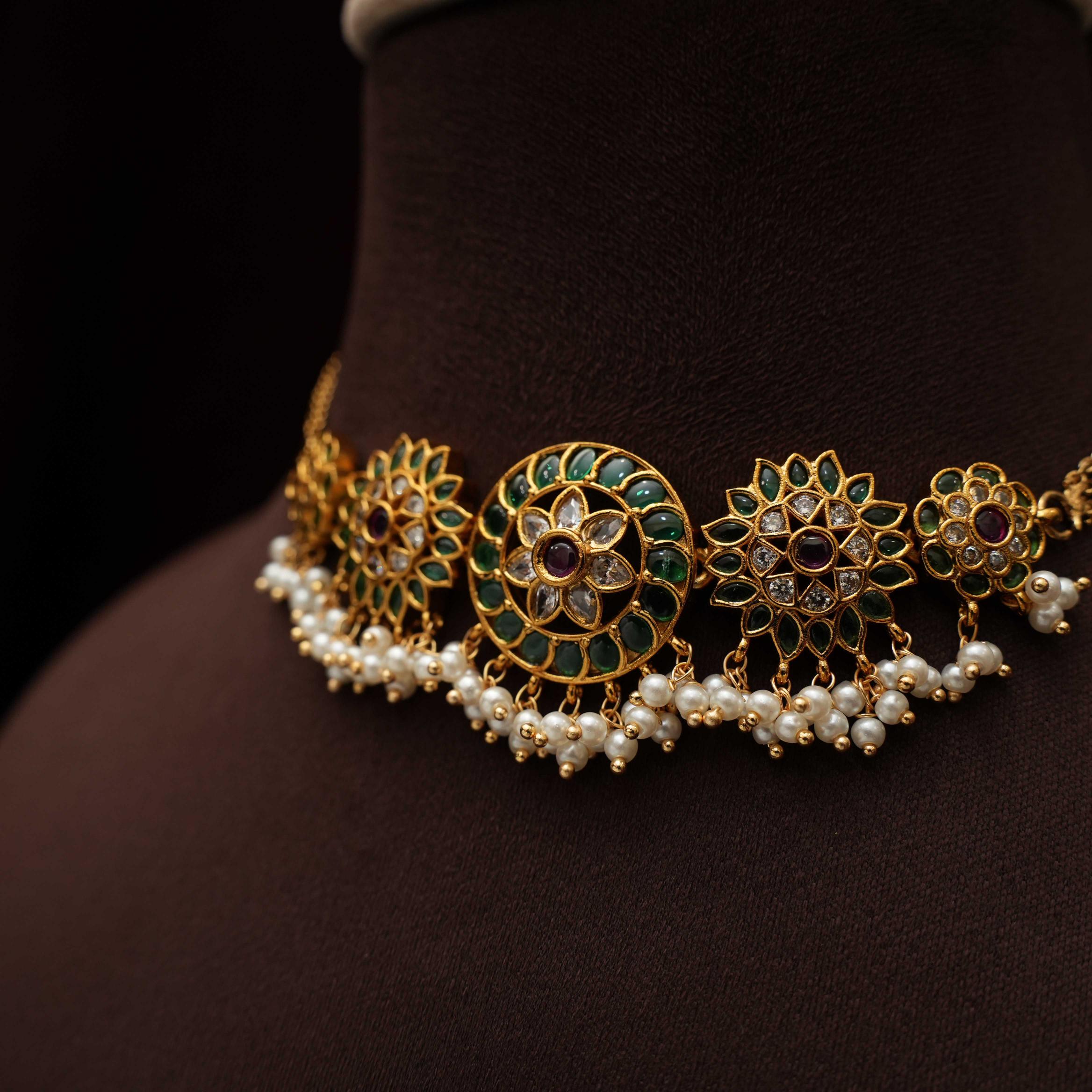 Revati Antique Choker - Green & Red