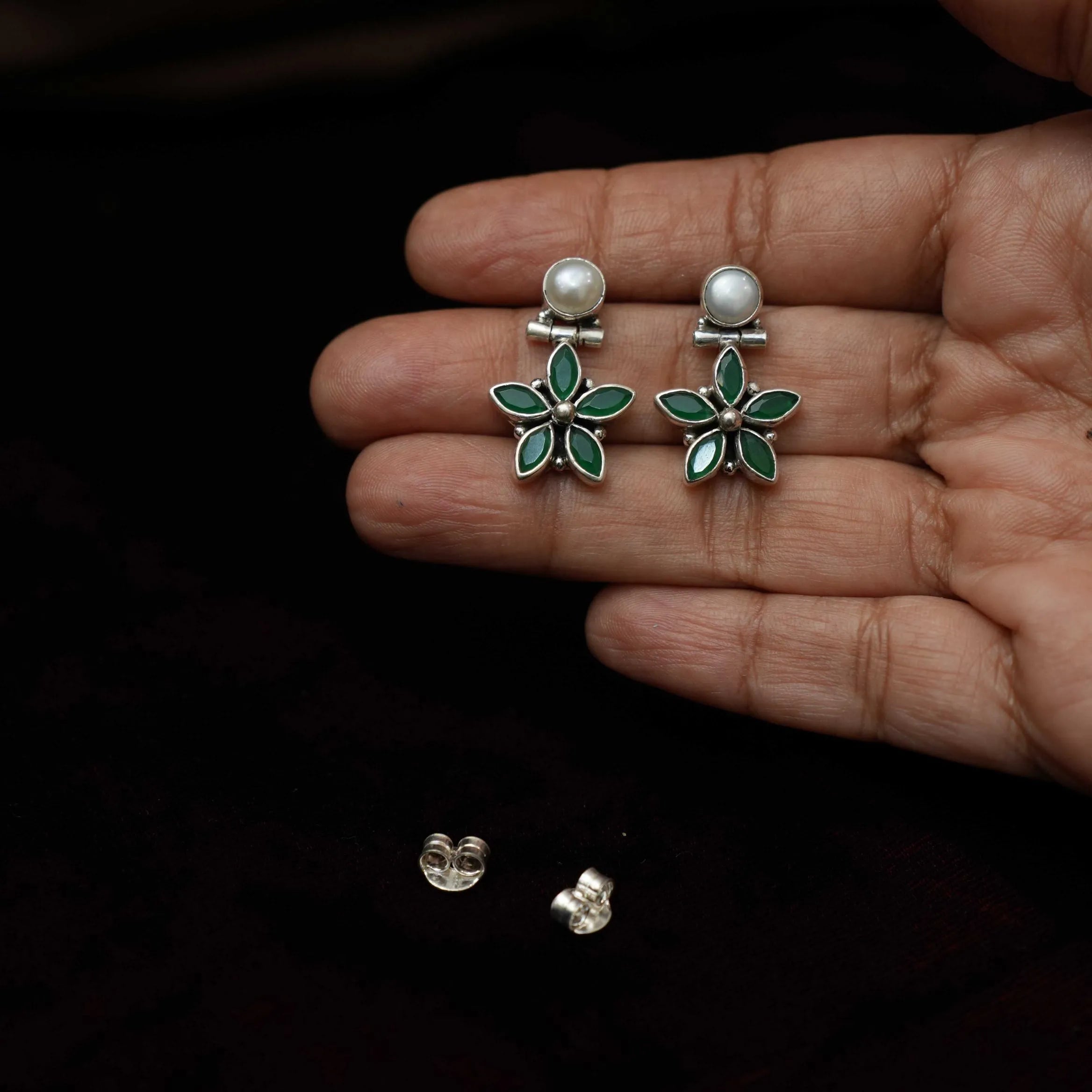 Rishona Silver Oxidised Earrings - Green