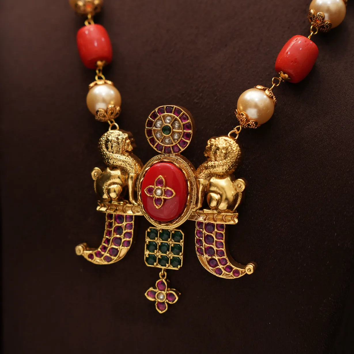 Riva Beaded Polki Necklace - Coral