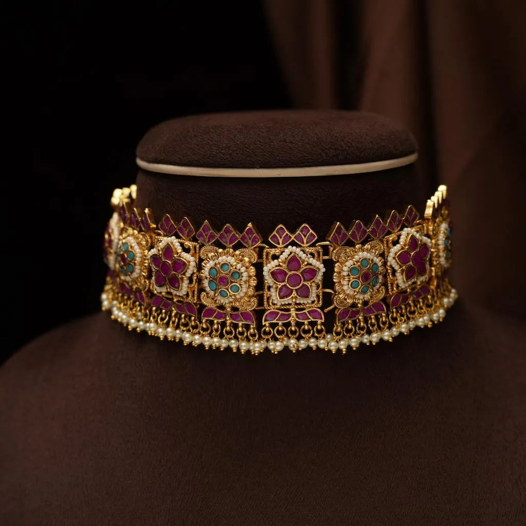 Rupinder Polki Choker - Reddish Pink