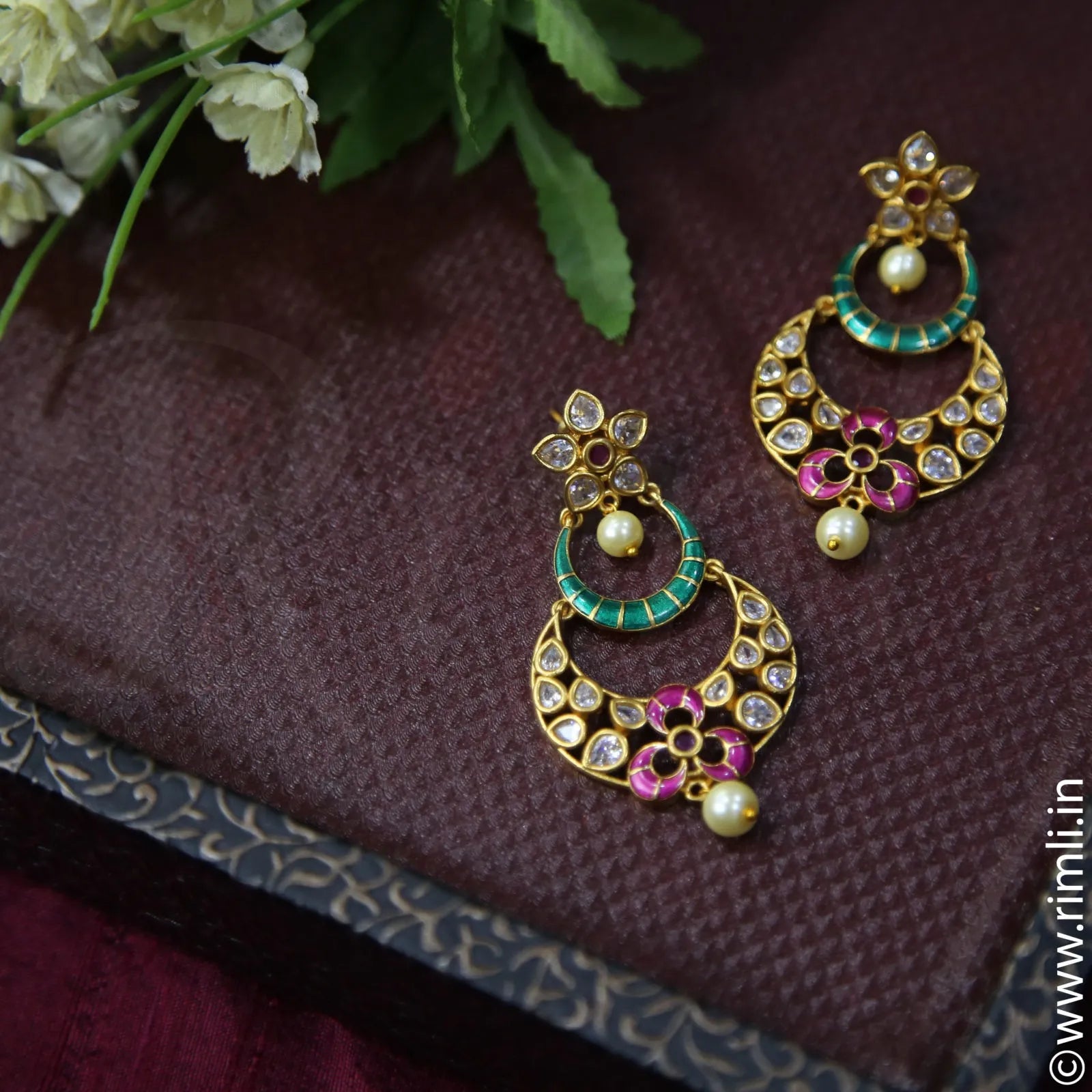 Antique Chandbali Earrings With Stones And Enamel Work - Rimli Boutique