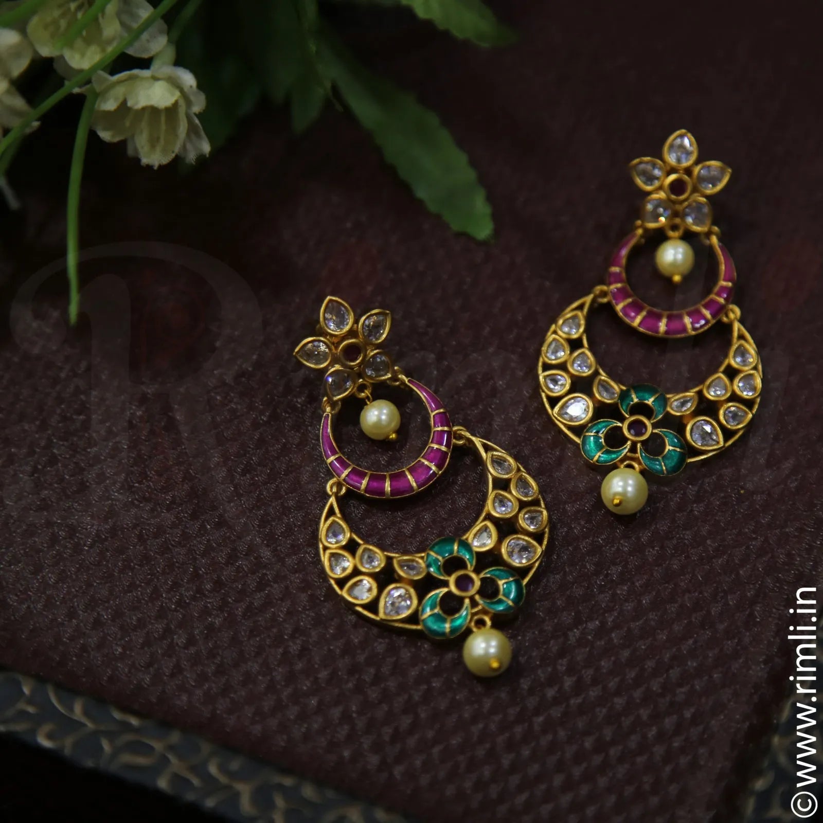 Antique Chandbali Earrings With Stones And Enamel Work - Rimli Boutique