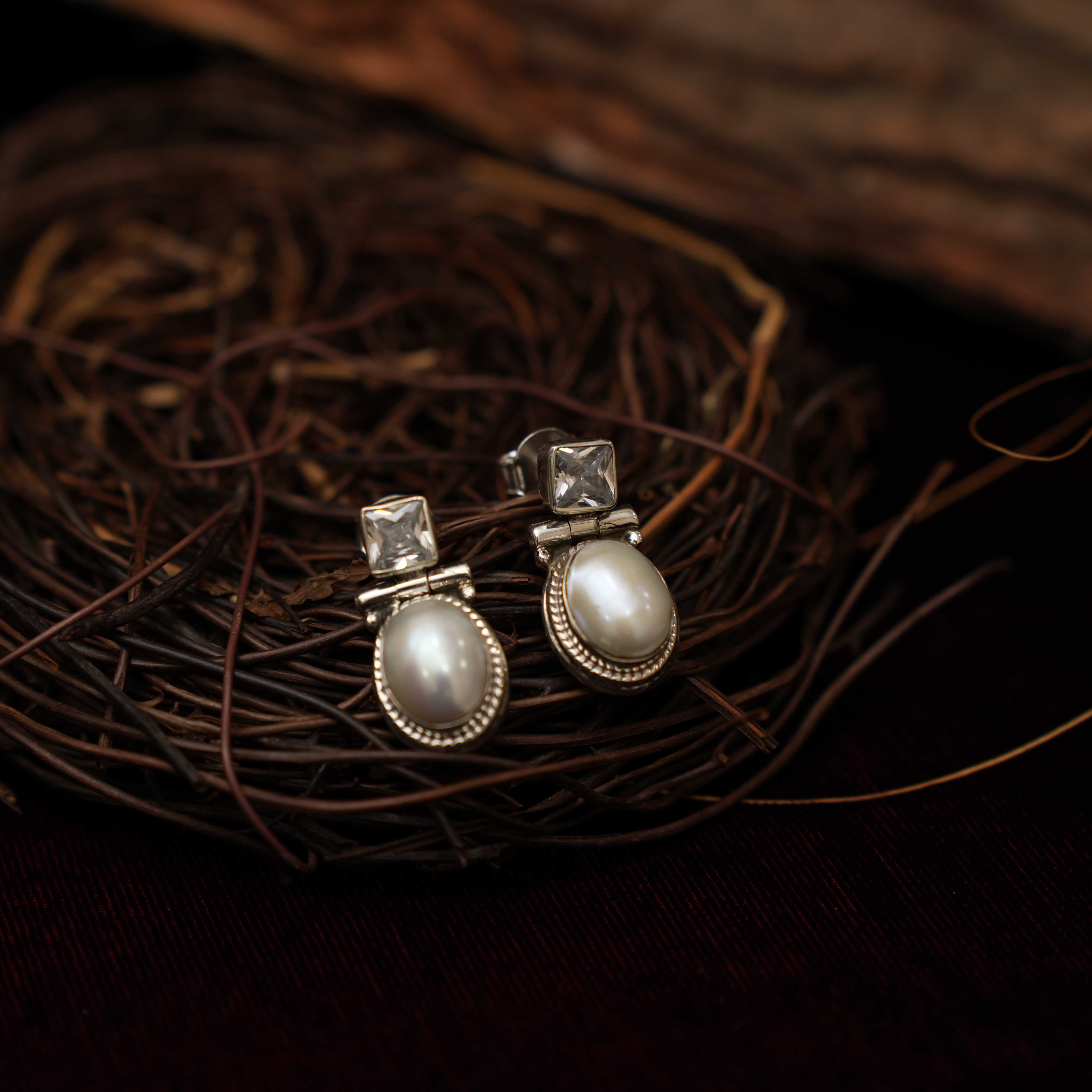 Radhi 925 Oxidized Silver Earrings - Pearl - Rimli Boutique