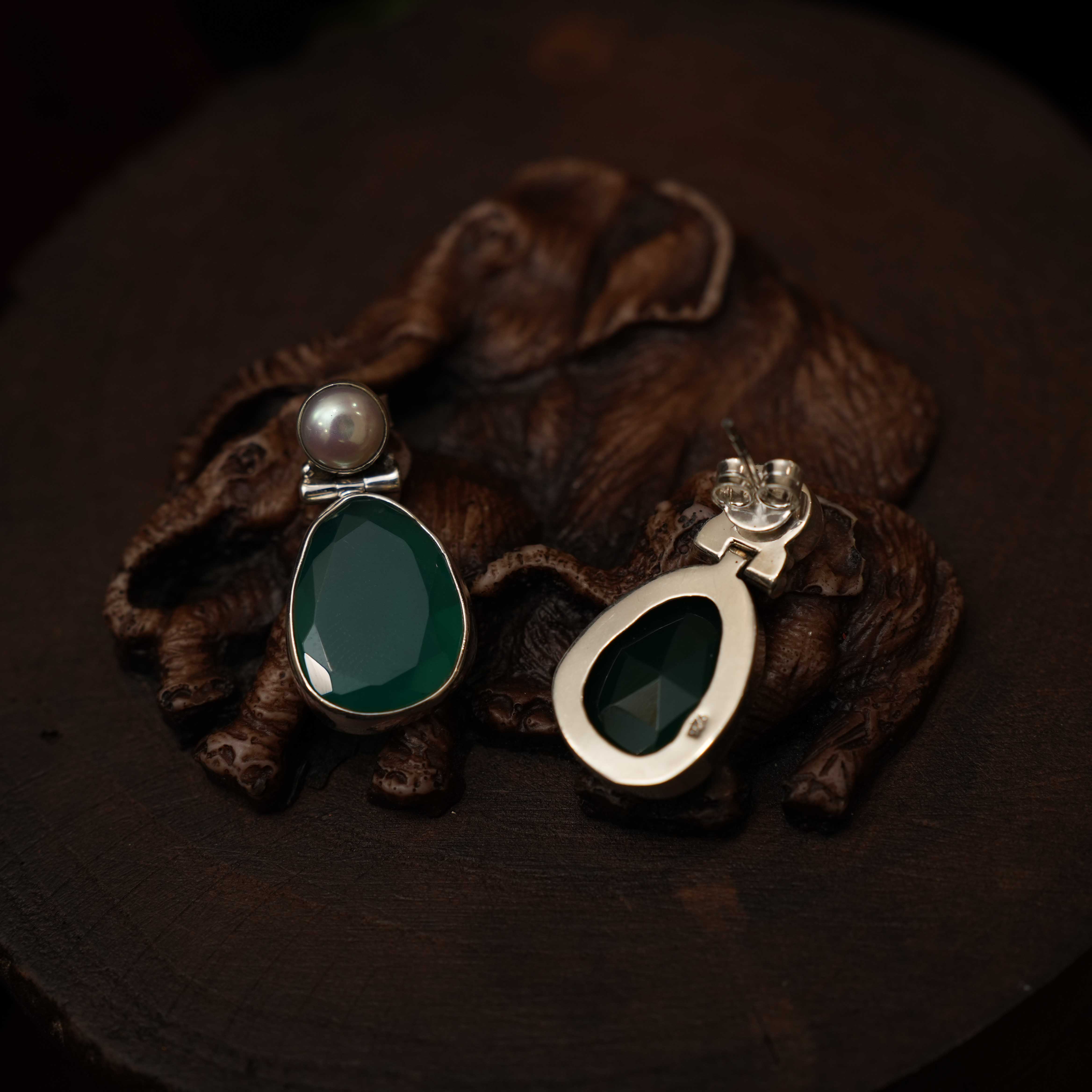 Rushmitha 925 Oxidized Silver Earrings - Green - Rimli Boutique
