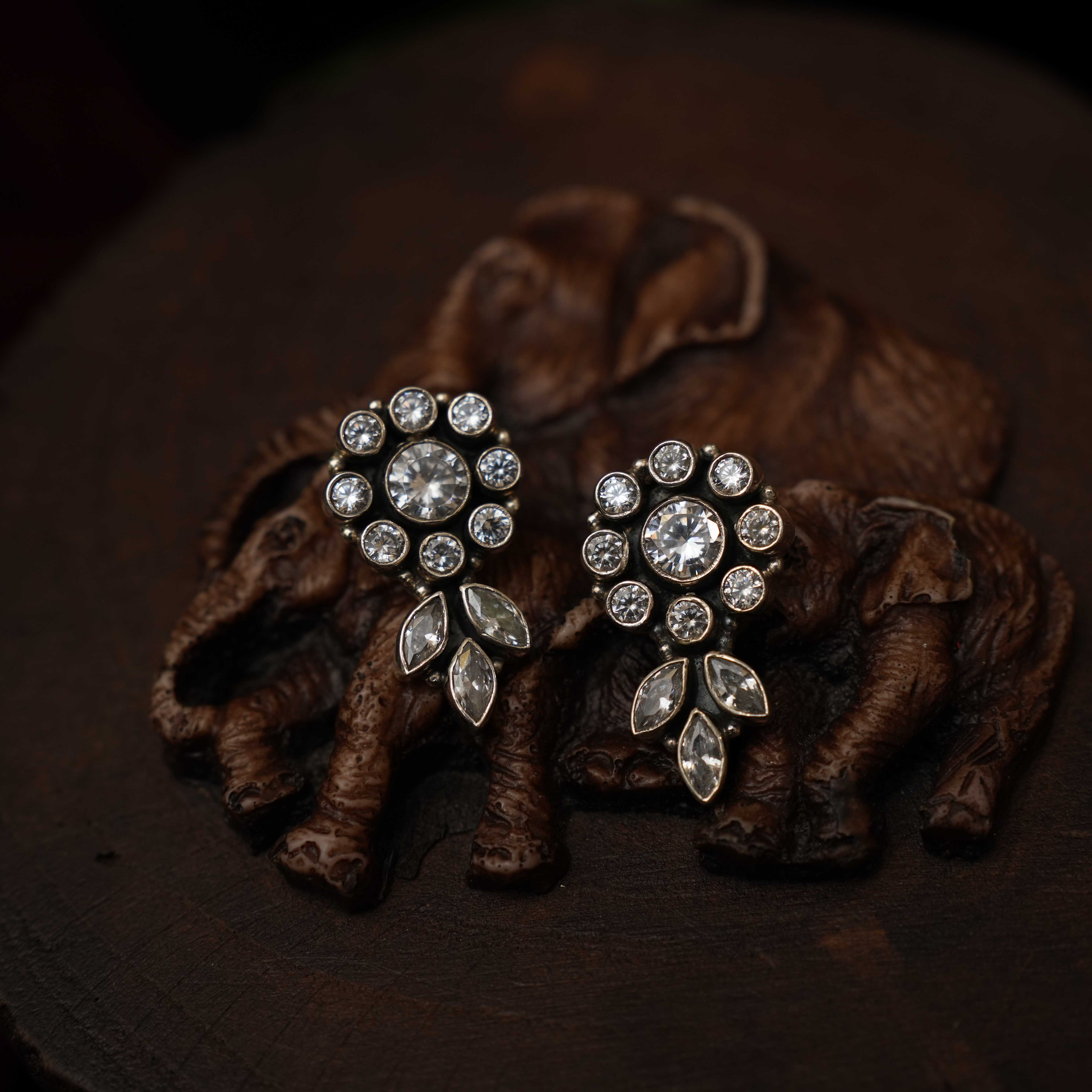 Renitha 925 Oxidized Silver Earrings - White - Rimli Boutique