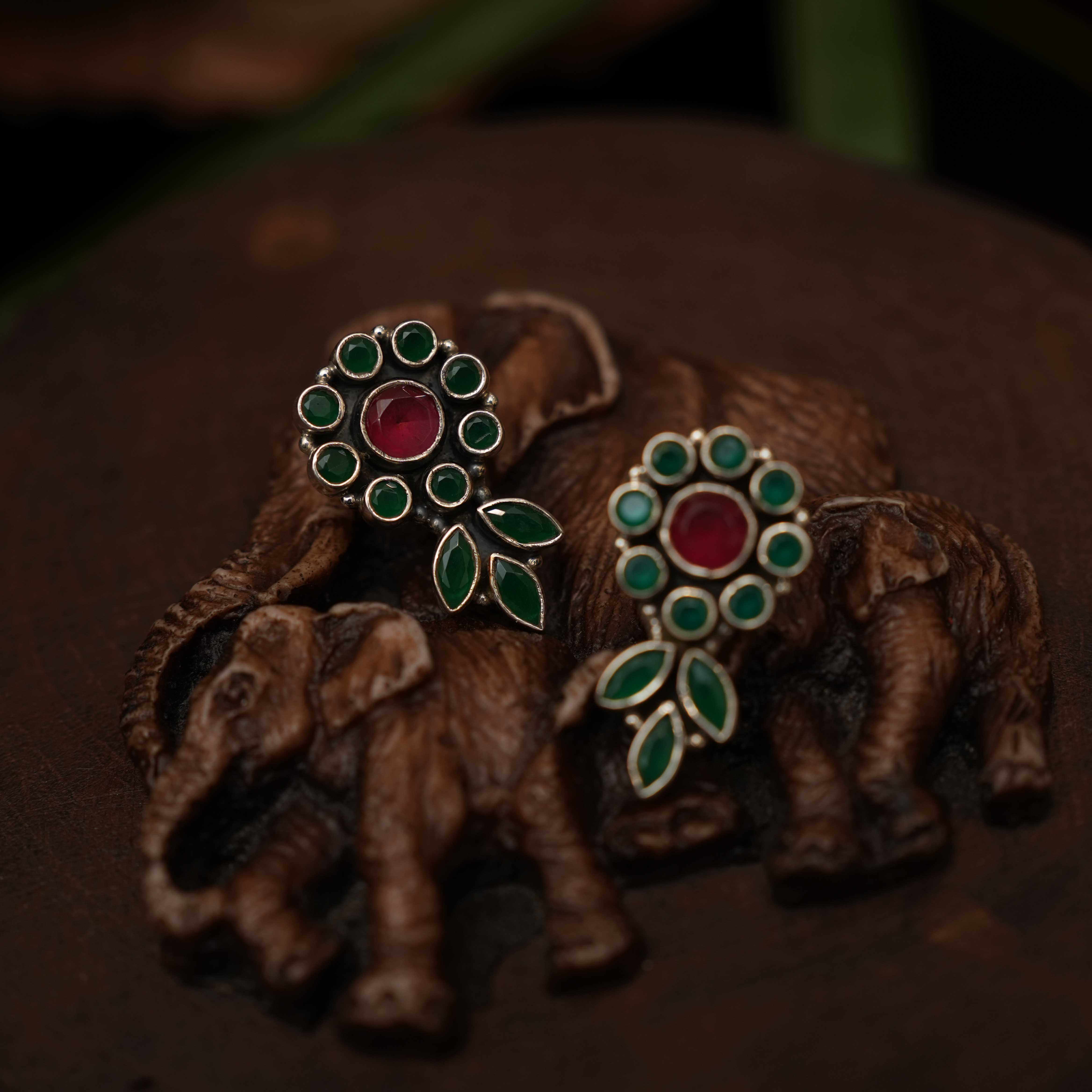 Renitha 925 Oxidized Silver Earrings - Green & Red - Rimli Boutique