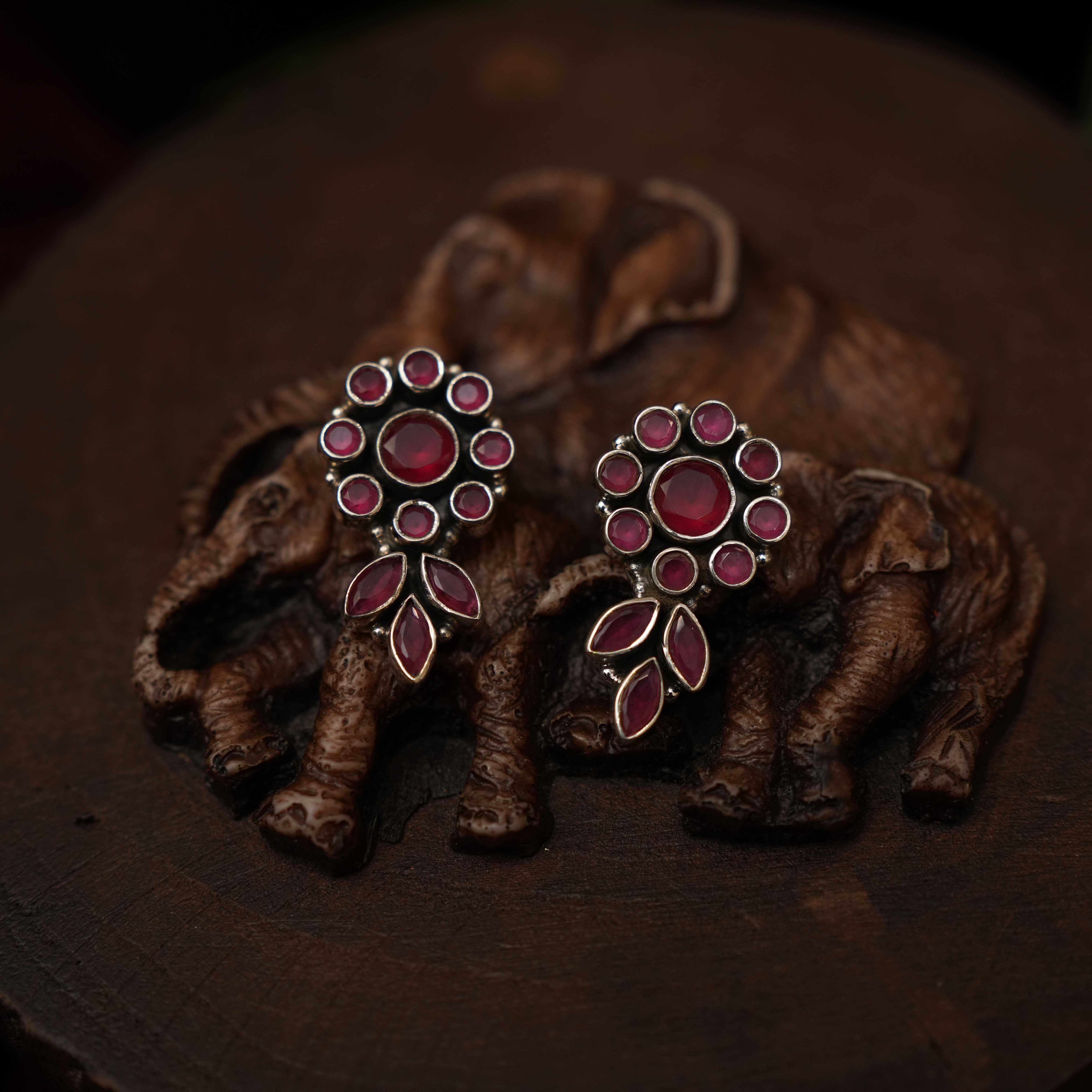 Renitha 925 Oxidized Silver Earrings - Red - Rimli Boutique