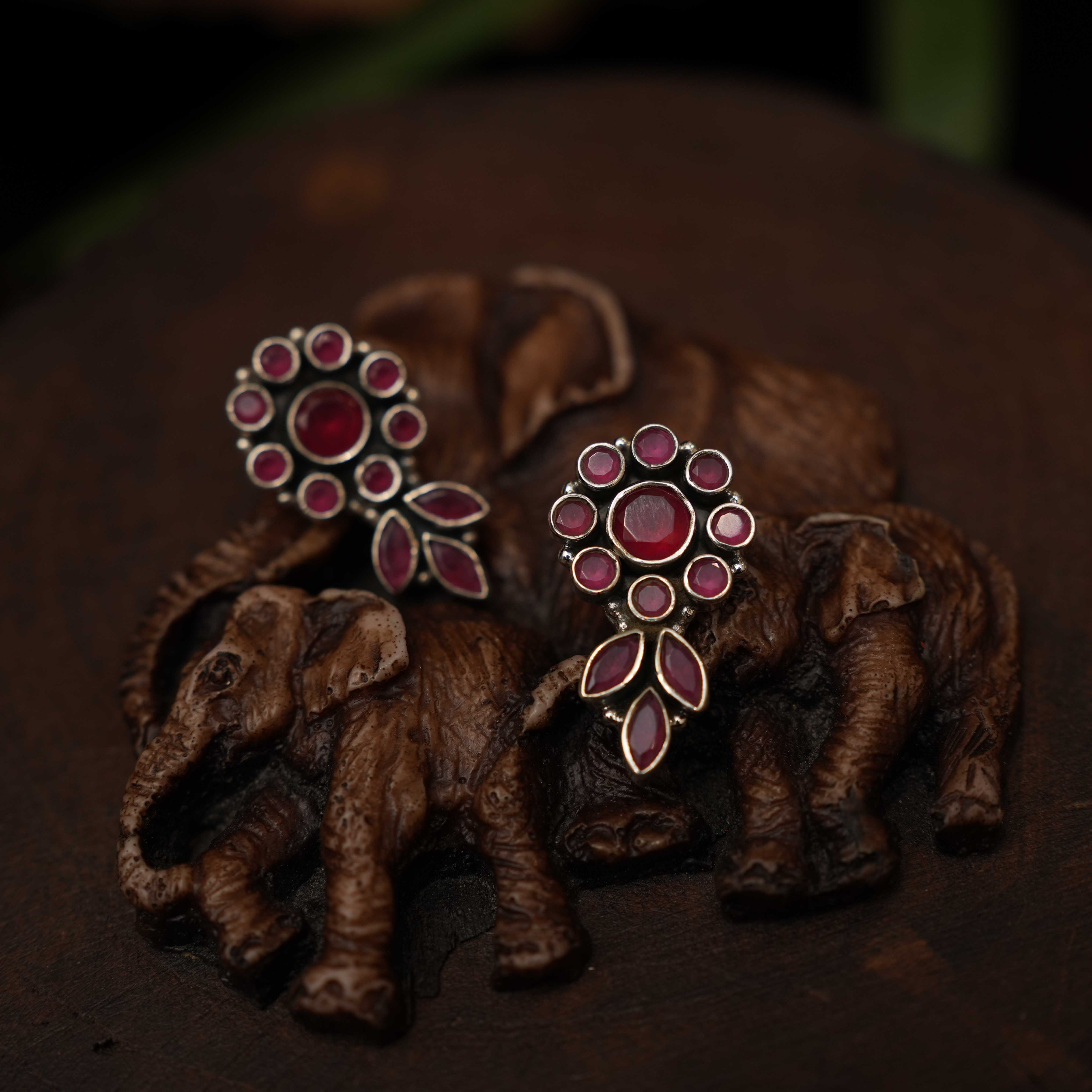 Renitha 925 Oxidized Silver Earrings - Red - Rimli Boutique
