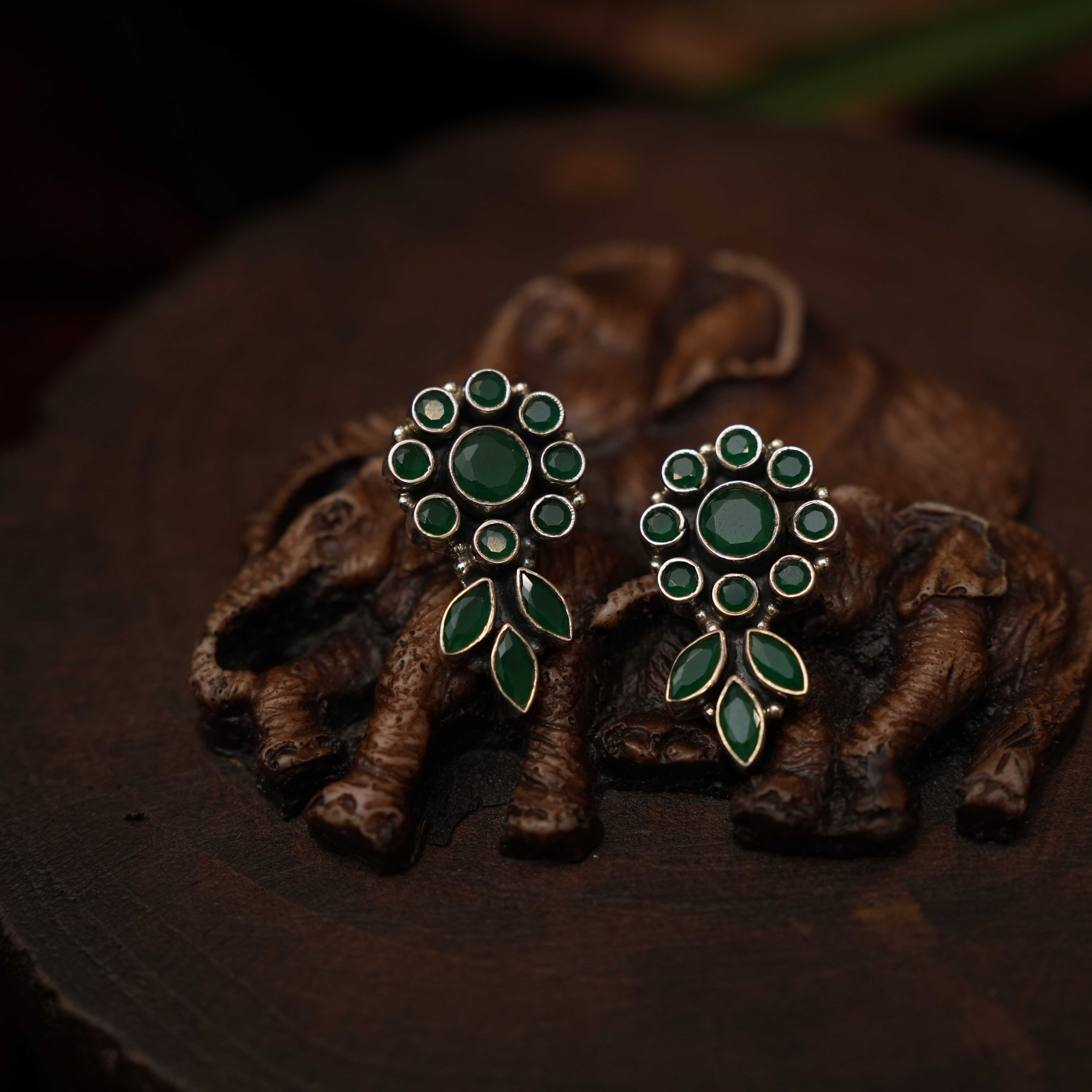 Renitha 925 Oxidized Silver Earrings - Green - Rimli Boutique