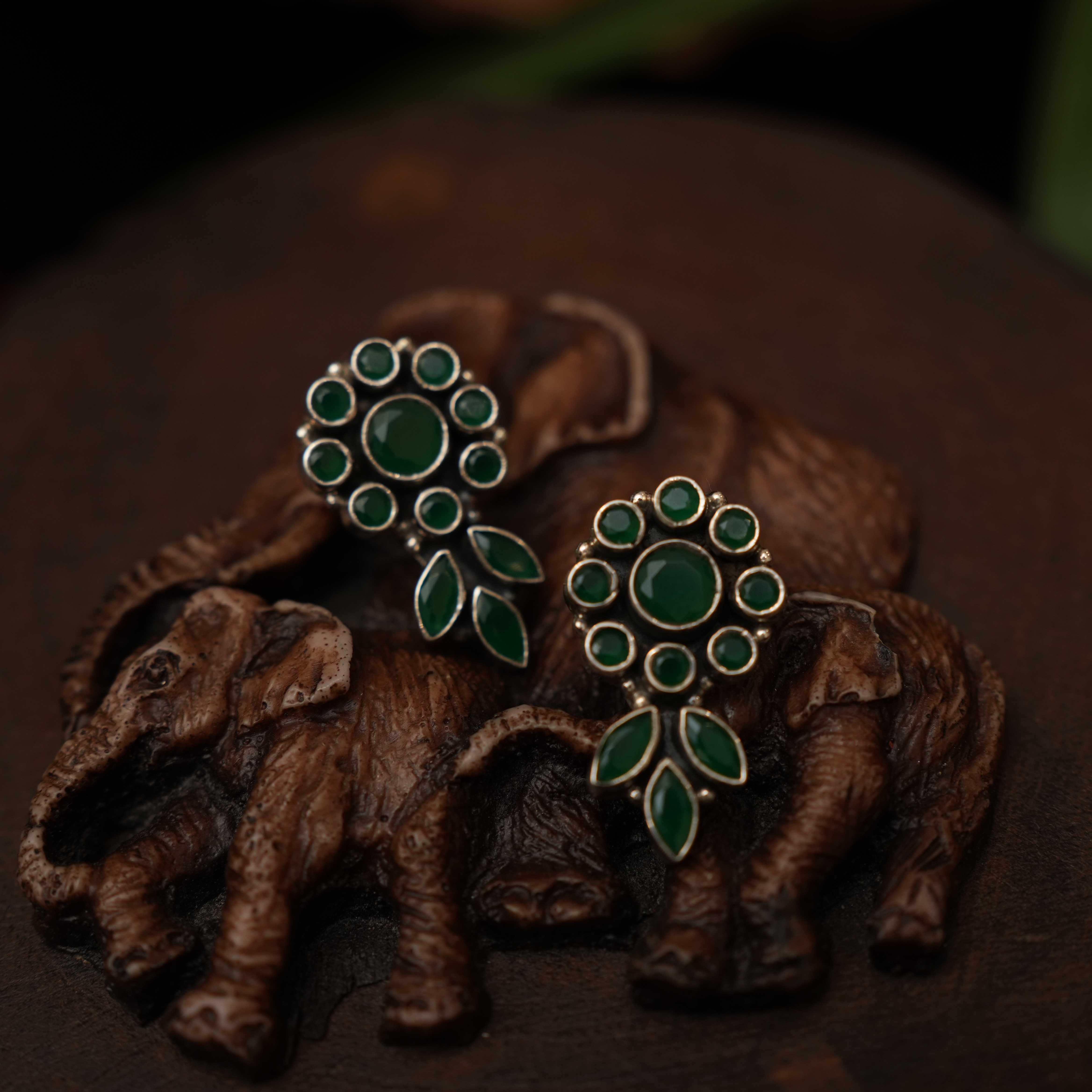 Renitha 925 Oxidized Silver Earrings - Green - Rimli Boutique