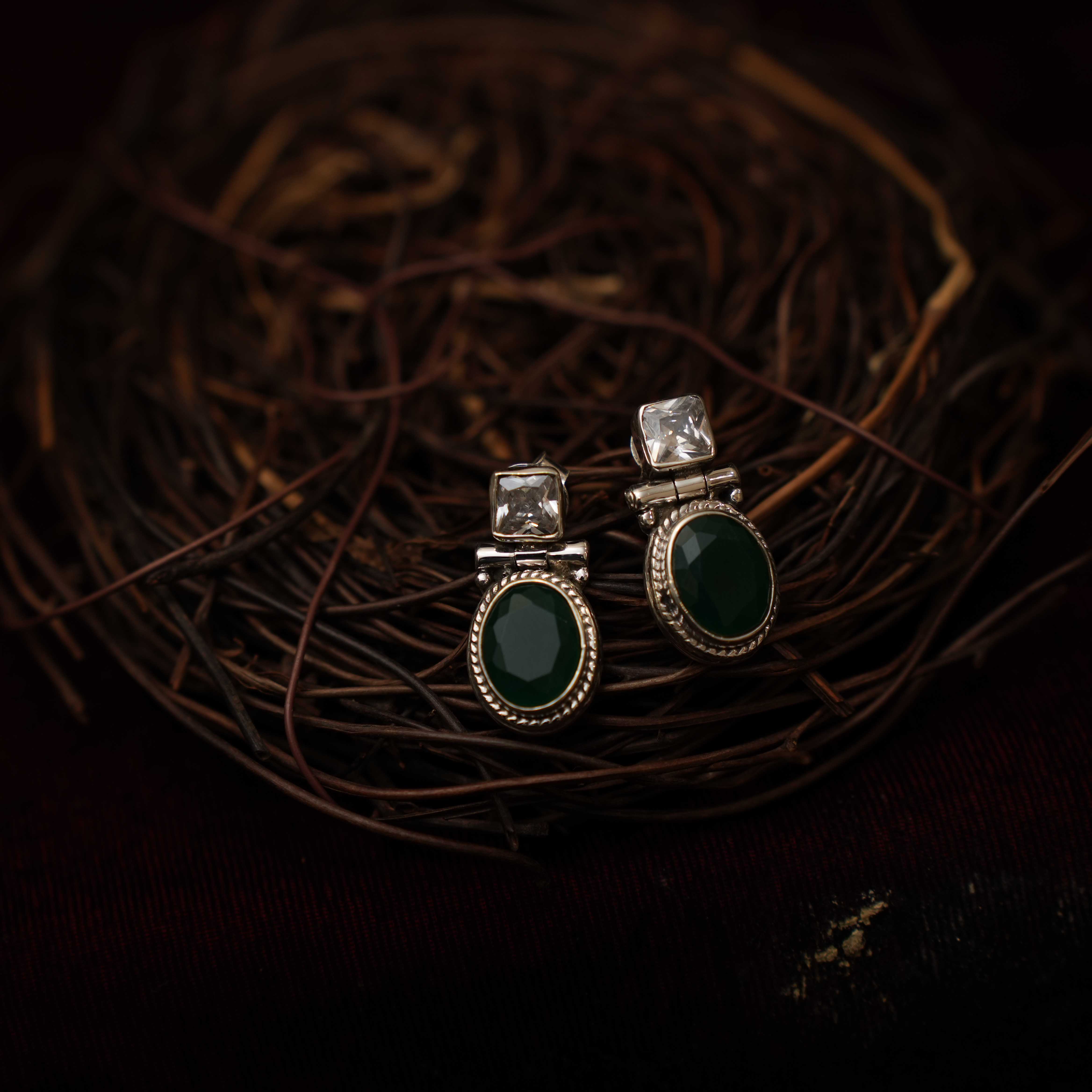 Radhi 925 Oxidized Silver Earrings - Green - Rimli Boutique