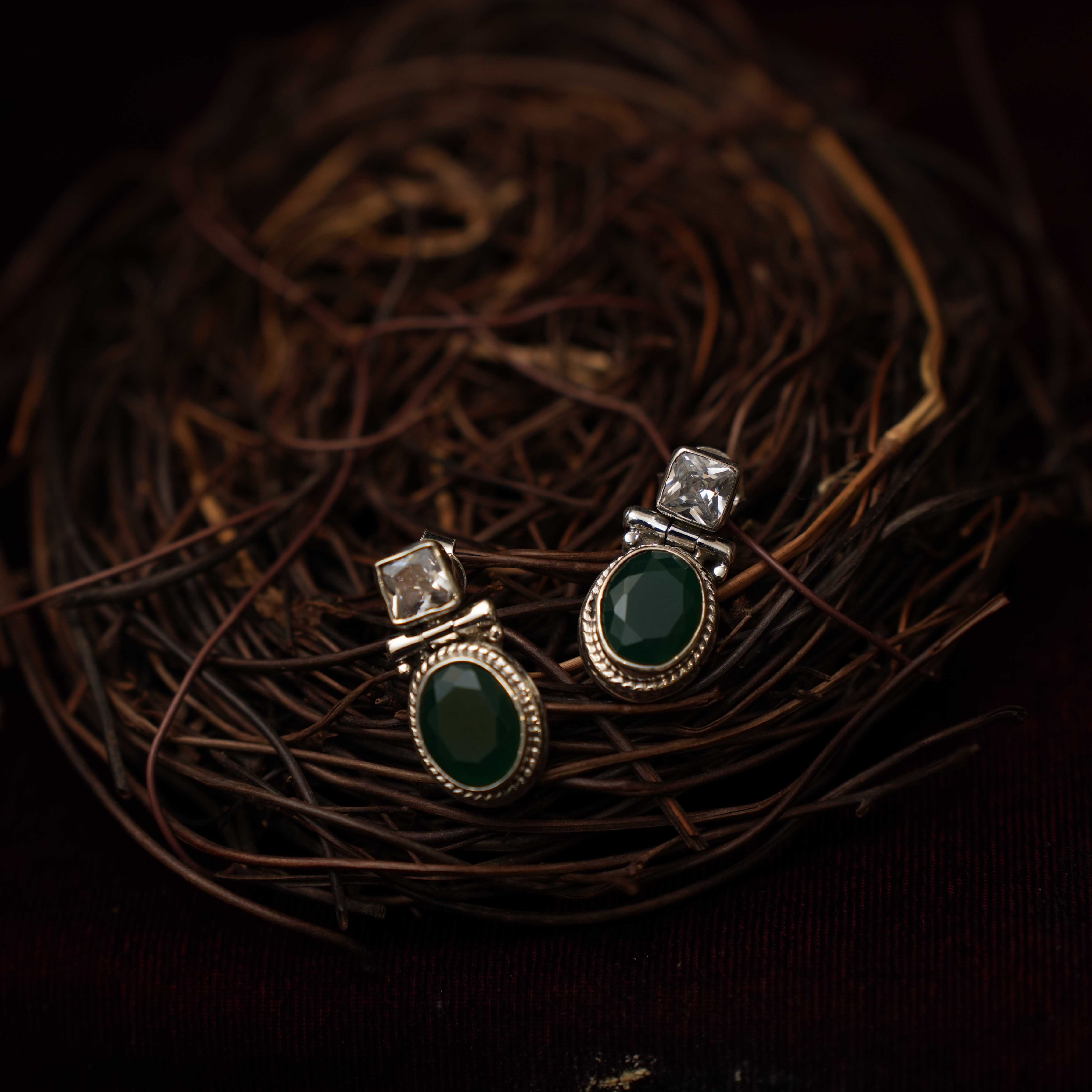 Radhi 925 Oxidized Silver Earrings - Green - Rimli Boutique
