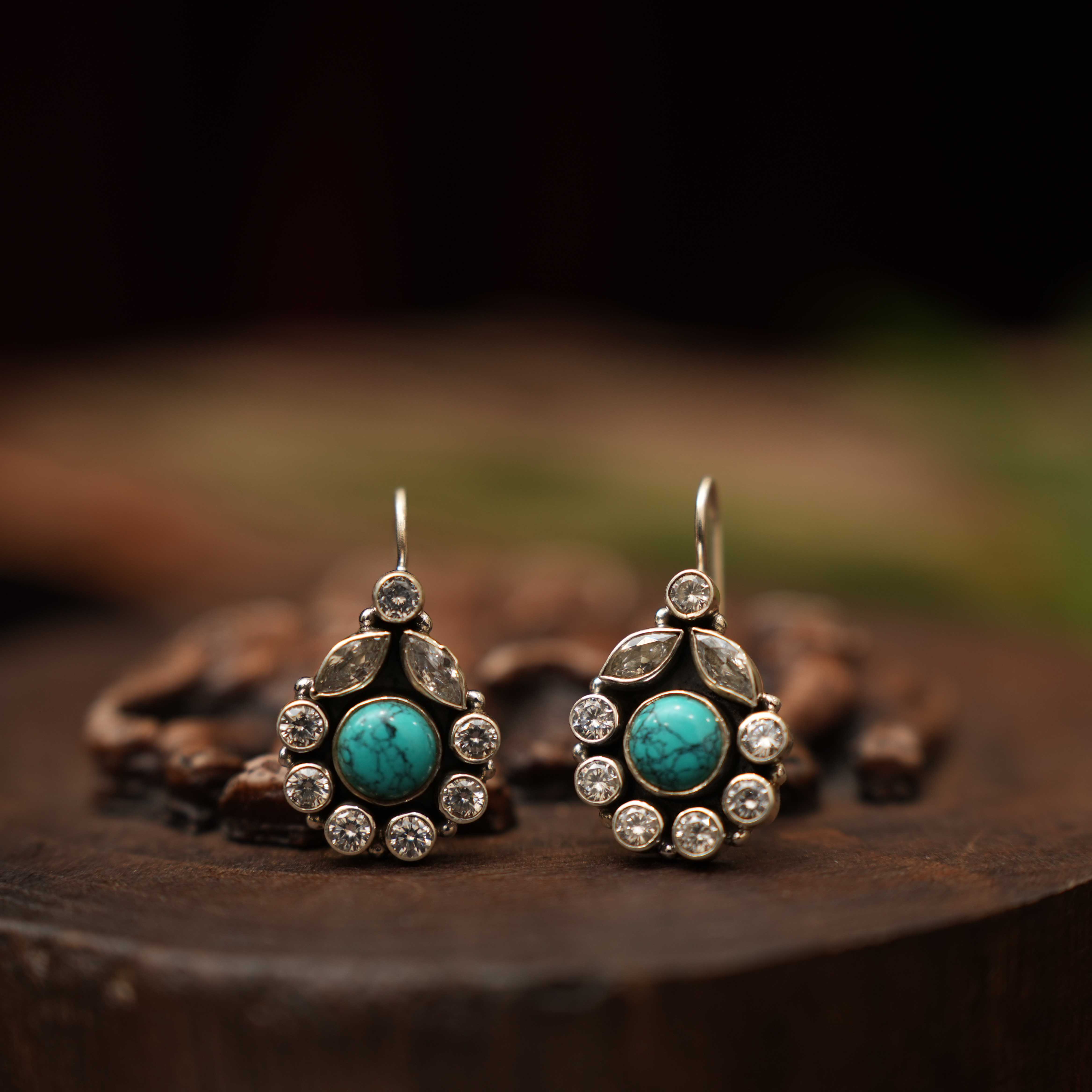 Shilpa 925 Oxidized Silver Earrings - Turquoise - Rimli Boutique