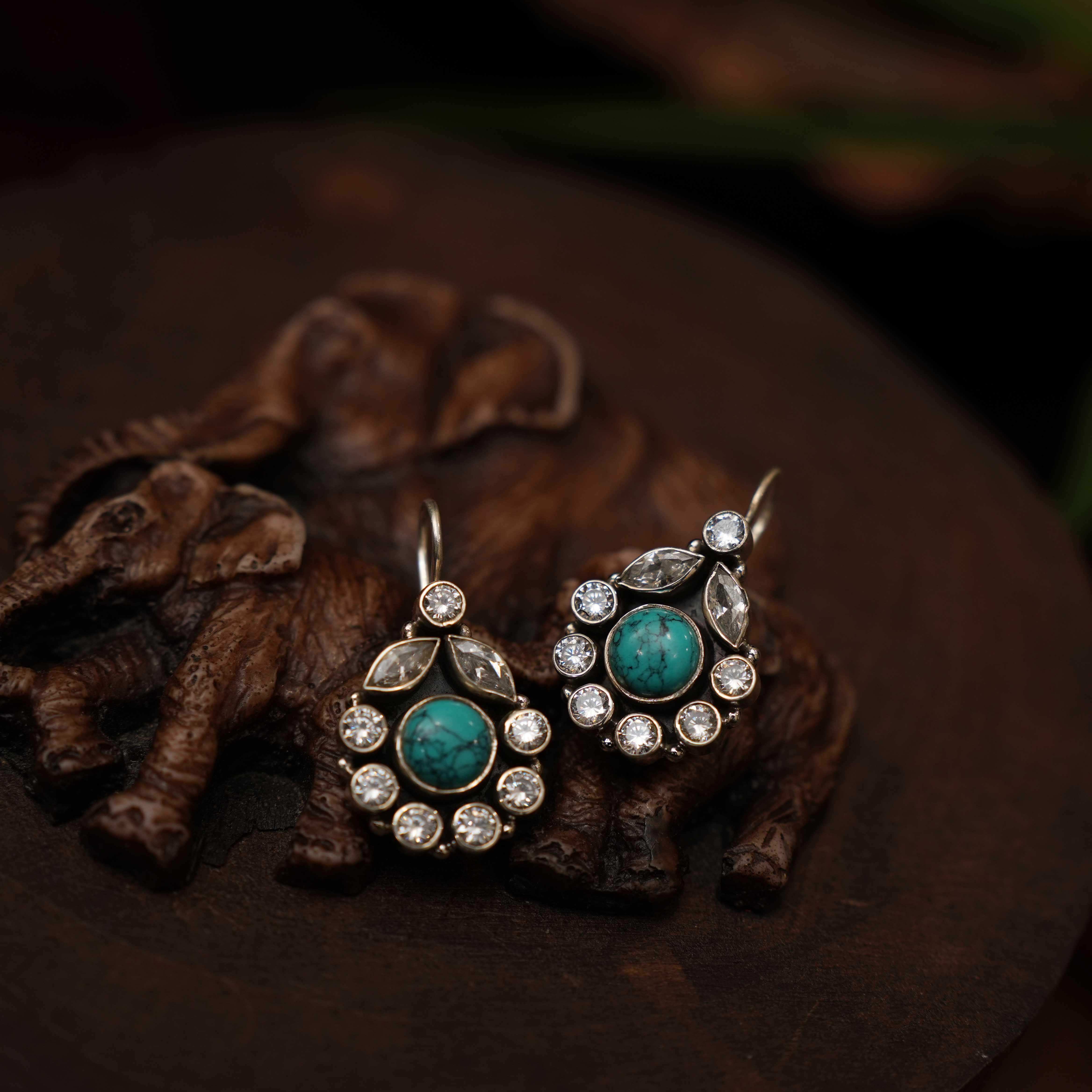 Shilpa 925 Oxidized Silver Earrings - Turquoise - Rimli Boutique