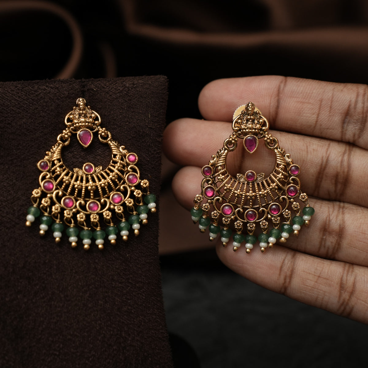 Mythrei Antique Chandbali Earrings - Red