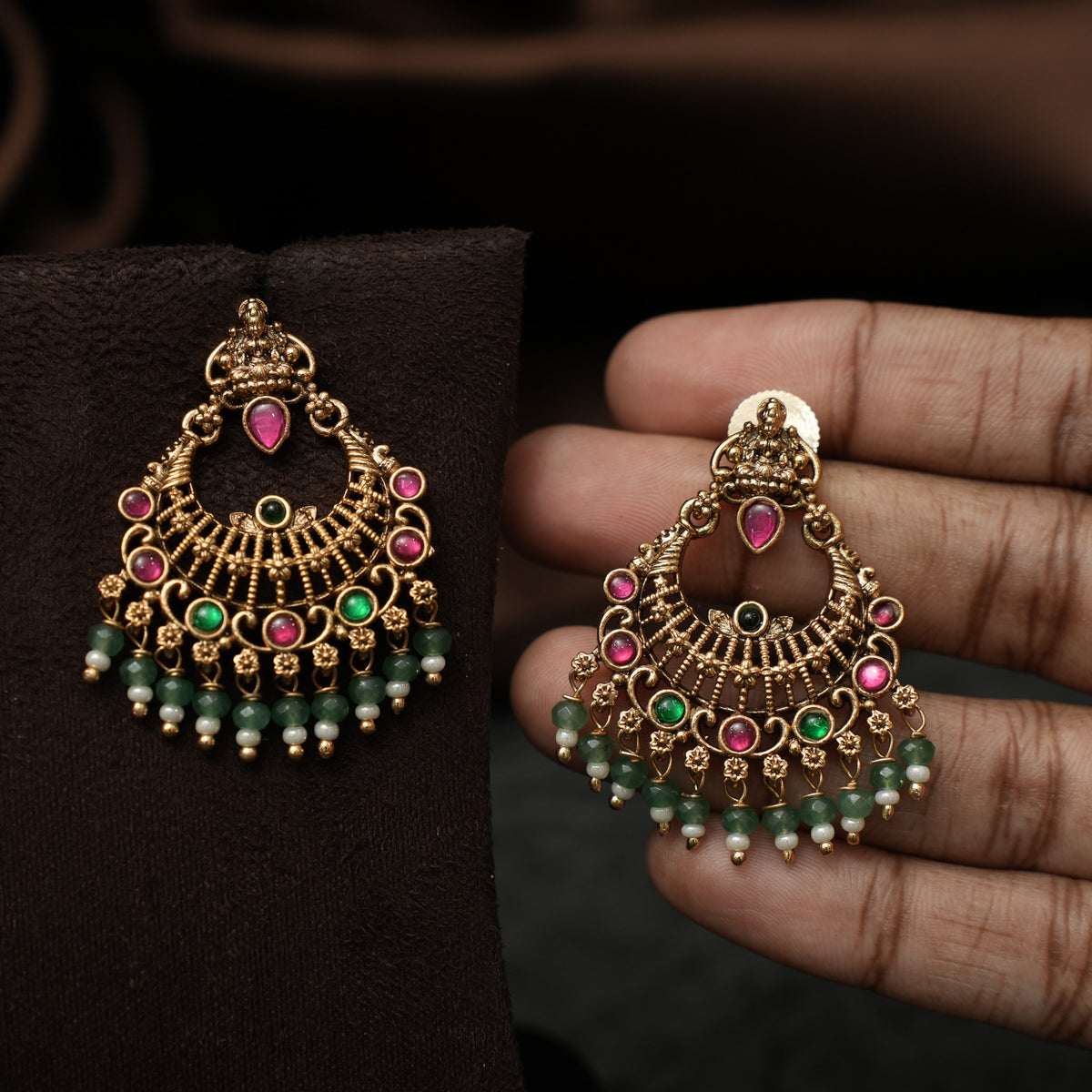 Mythrei Antique Chandbali Earrings - Red & Green