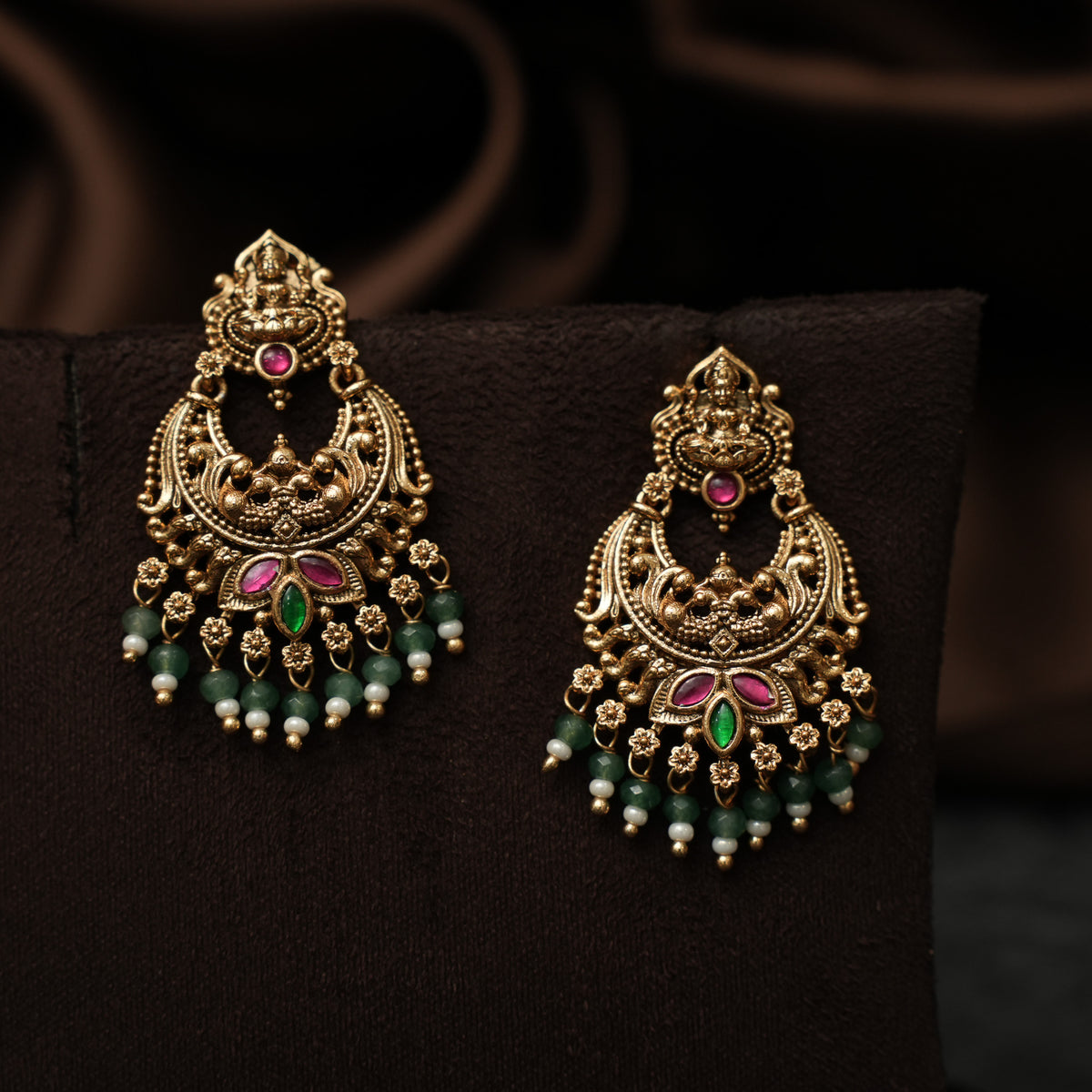 Monica Antique Chandbali Earrings - Red & Green