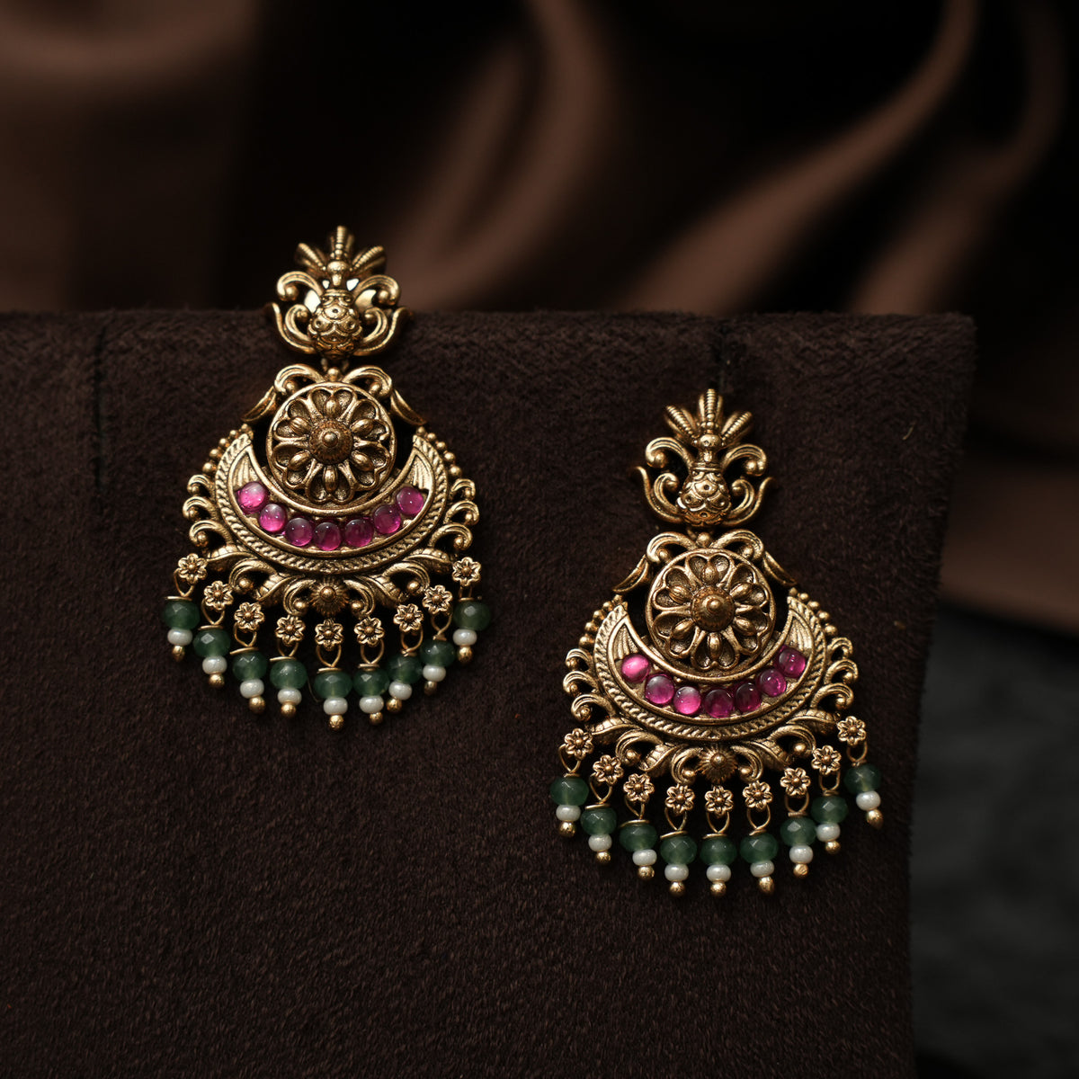 Sandhya Antique Chandbali Earrings - Red